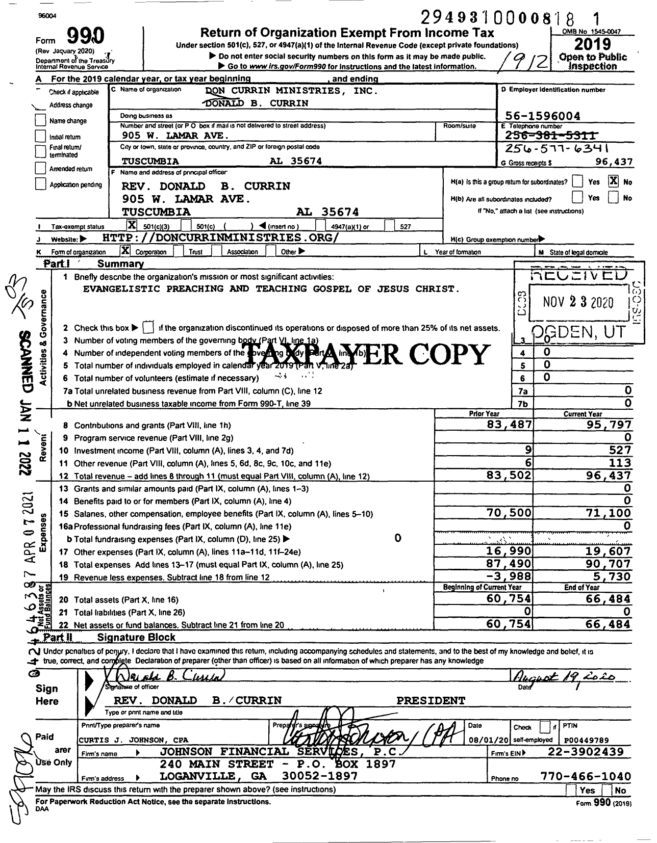 Image of first page of 2019 Form 990 for Don Currin Ministries Donald B Currin