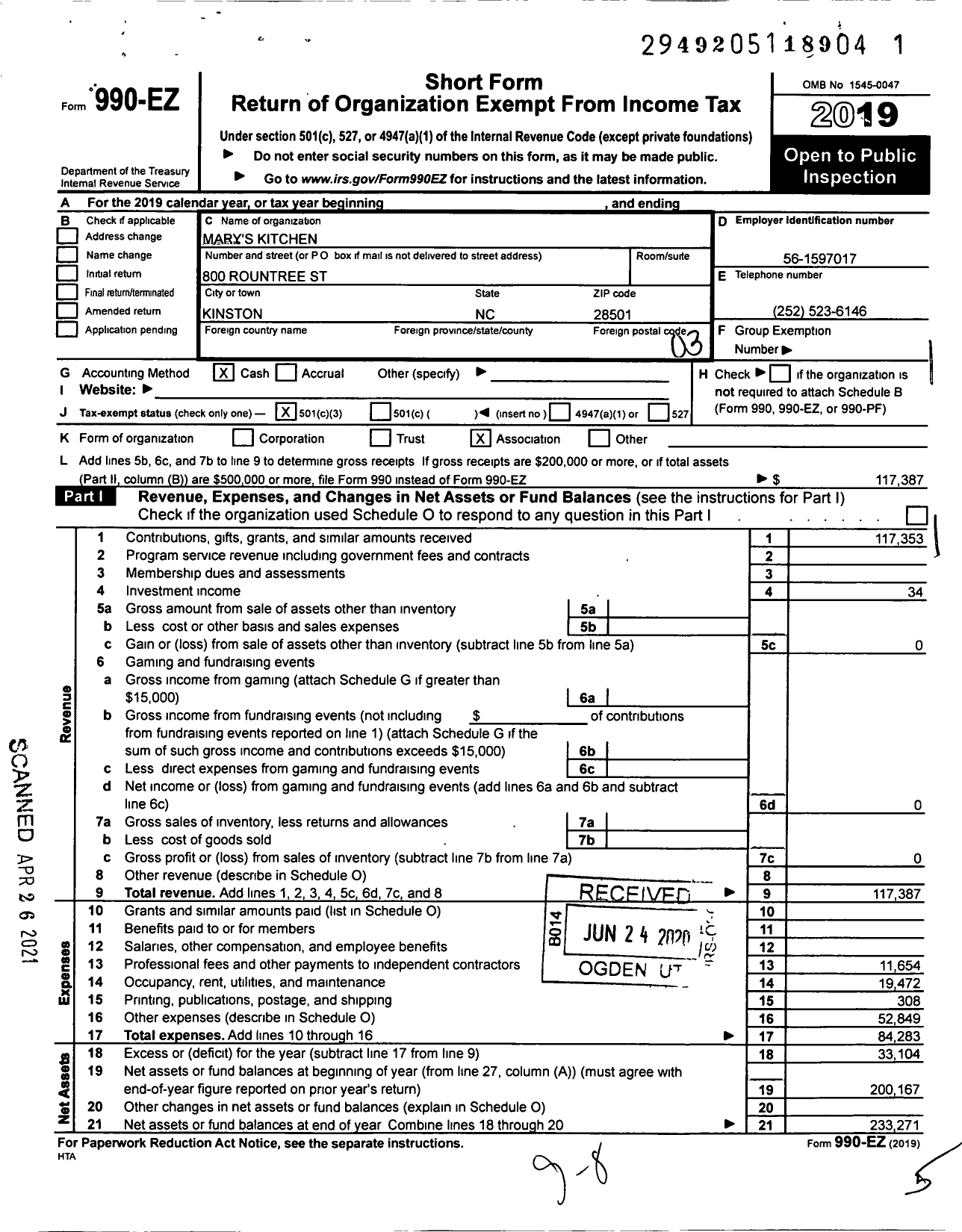 Image of first page of 2019 Form 990EZ for Mary's Kitchen