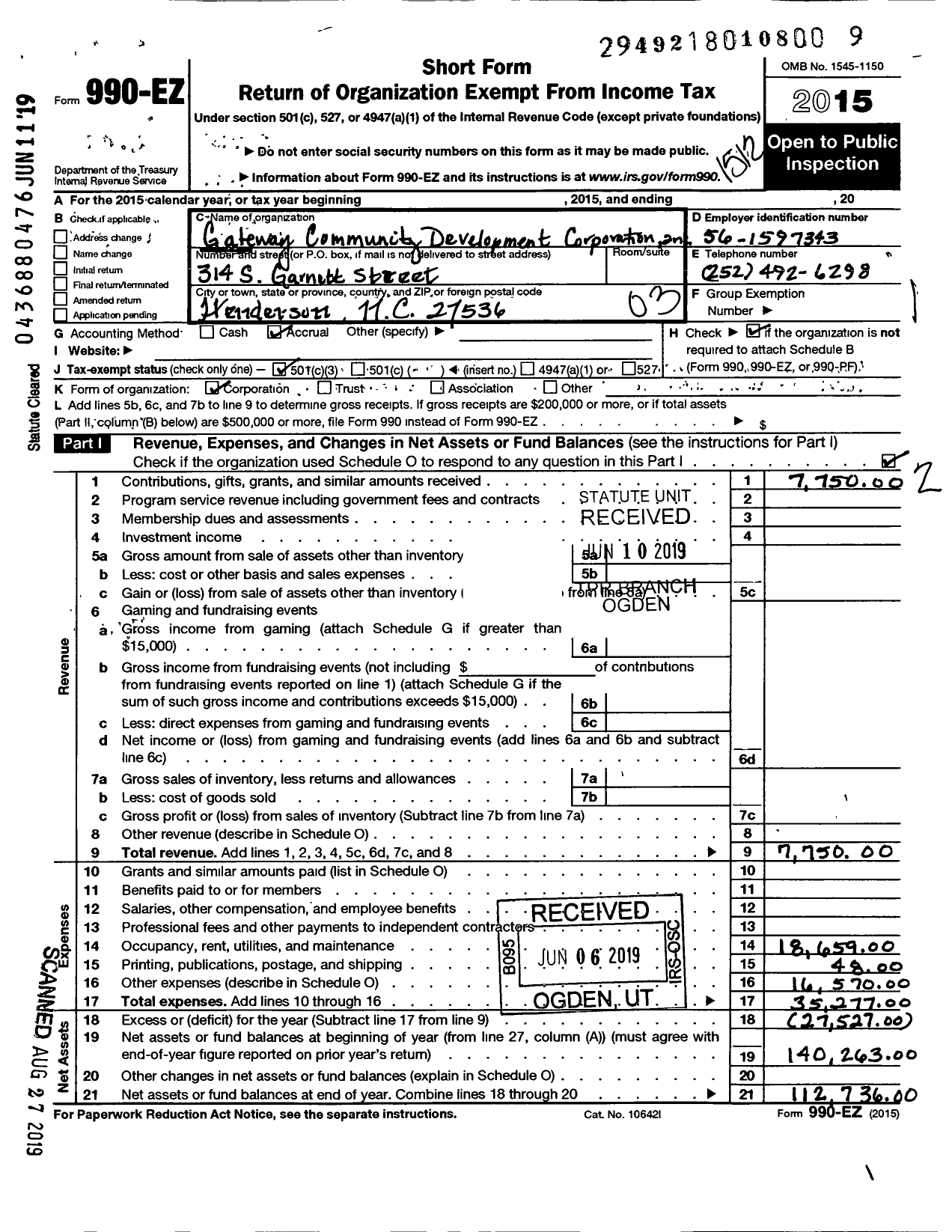 Image of first page of 2015 Form 990EZ for Gateway Community Development Corporation