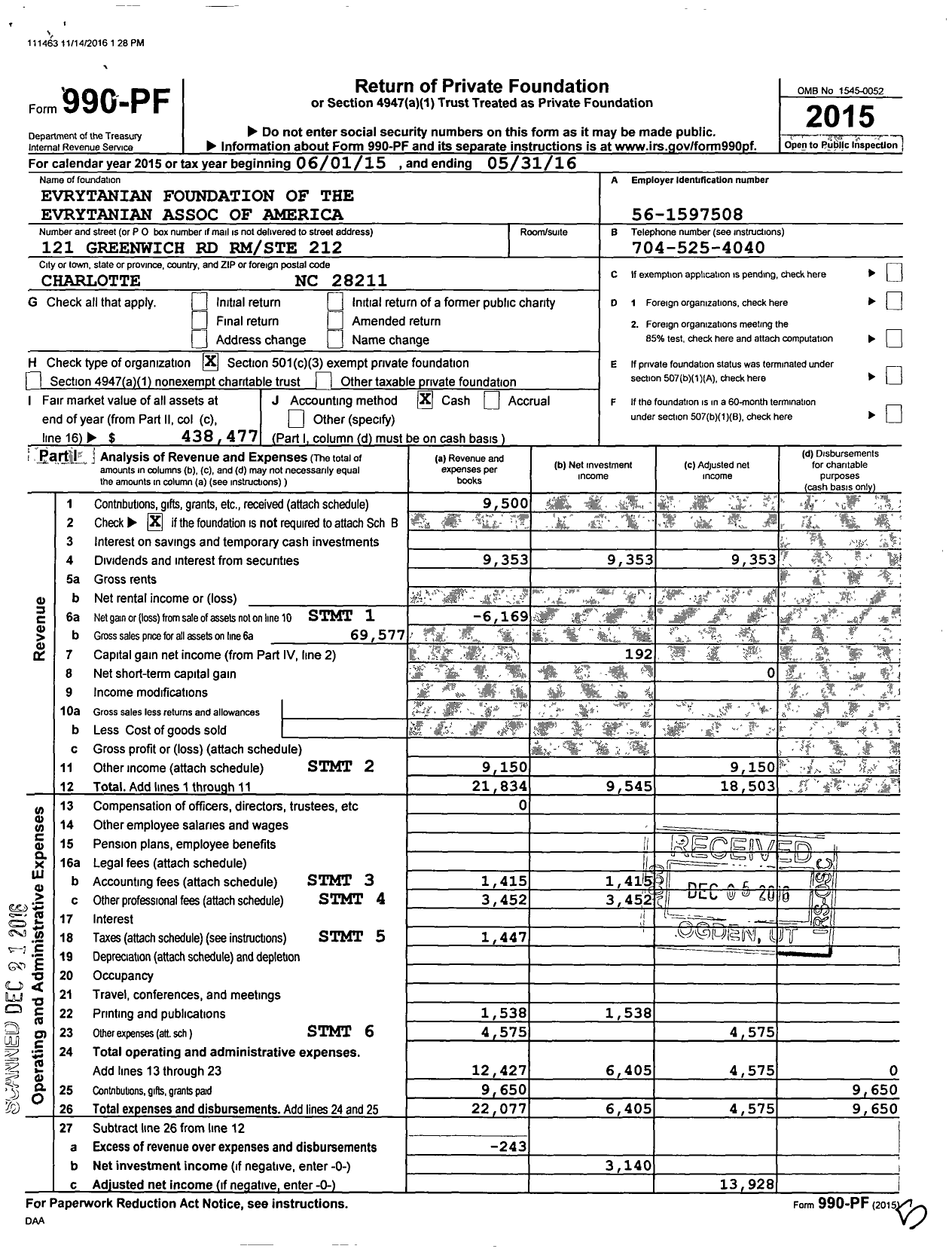 Image of first page of 2015 Form 990PF for Evrytanian Foundation of the Evrytanian Association of America