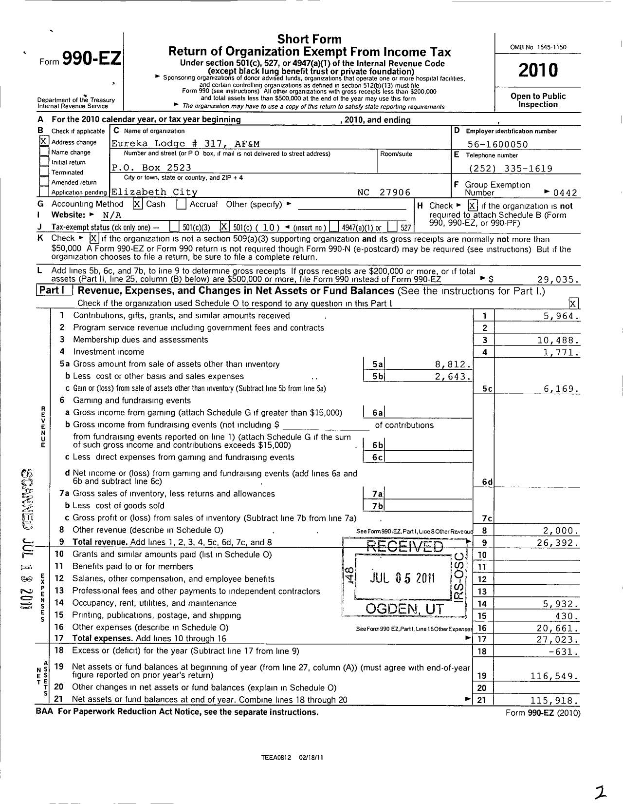 Image of first page of 2010 Form 990EO for Ancient Free and Accepted Masons of North Carolina - 317 Eureka Lodge