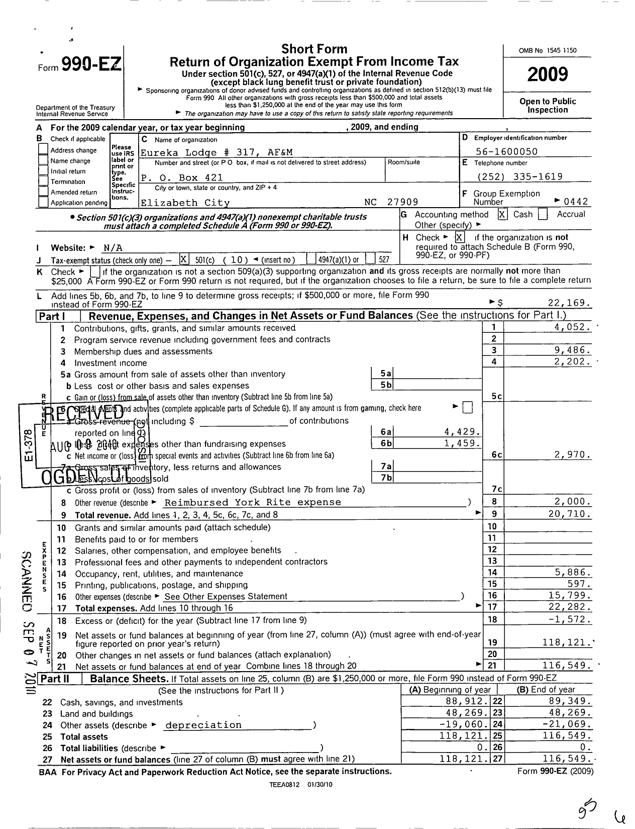 Image of first page of 2009 Form 990EO for Ancient Free and Accepted Masons of North Carolina - 317 Eureka Lodge