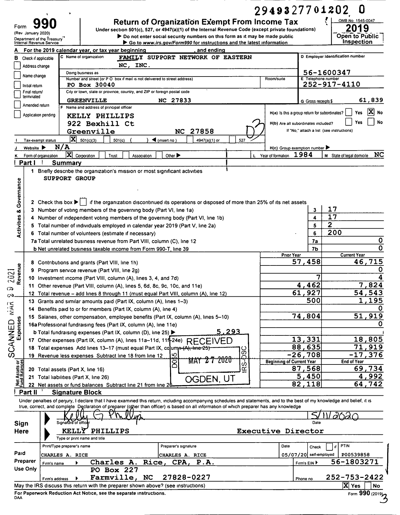 Image of first page of 2019 Form 990 for Family Support Network of Eastern NC
