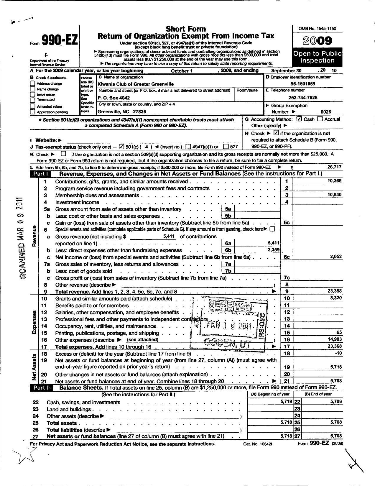 Image of first page of 2009 Form 990EO for Kiwanis International - K12284 Greater Greenville