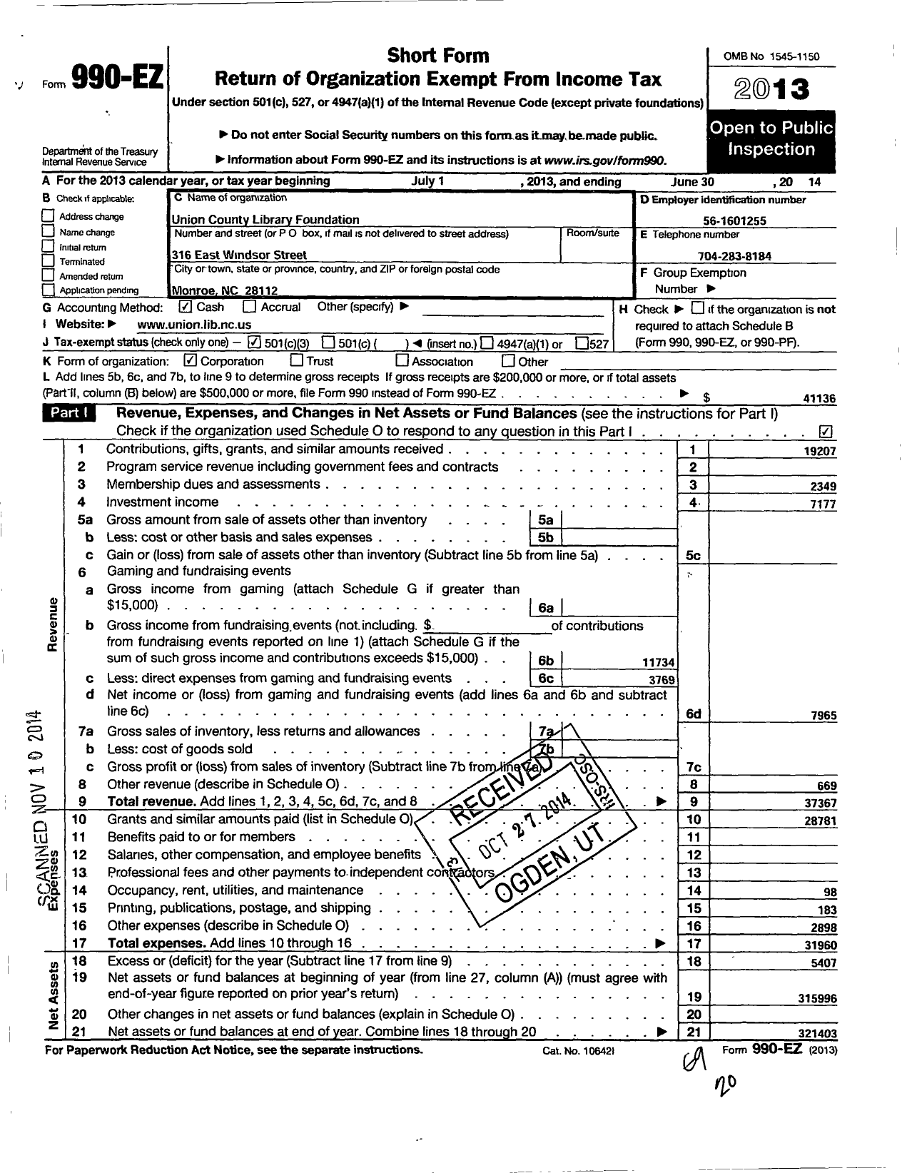 Image of first page of 2013 Form 990EZ for Union County Library Foundation