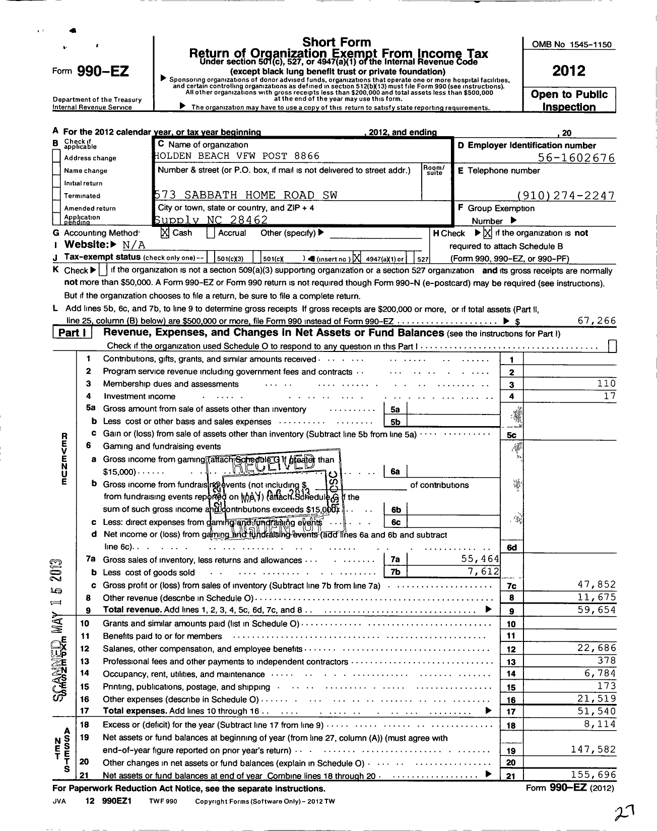 Image of first page of 2012 Form 990EO for VFW NC - VFW Post 8866