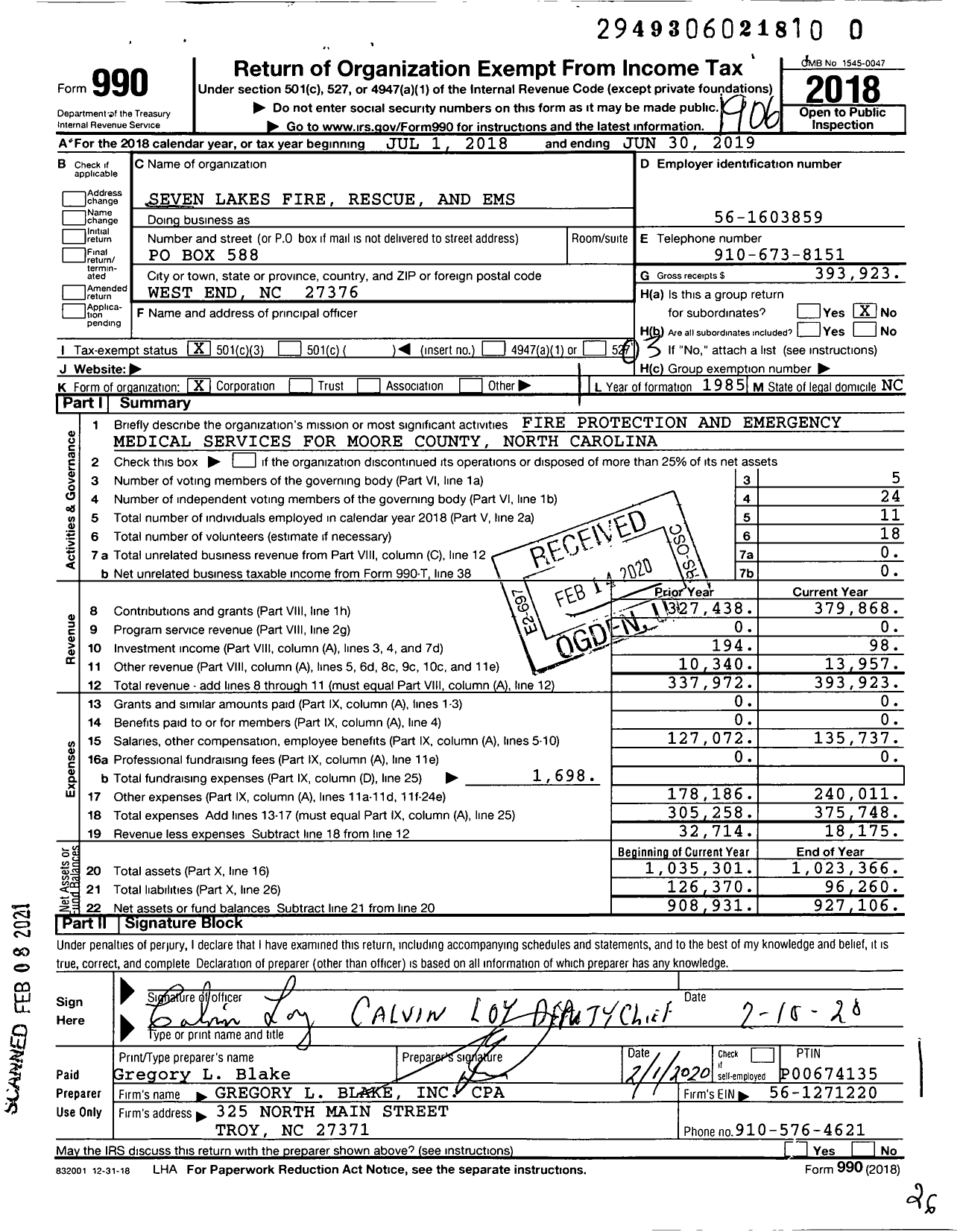 Image of first page of 2018 Form 990 for Seven Lakes Volunteer Fire and Rescue