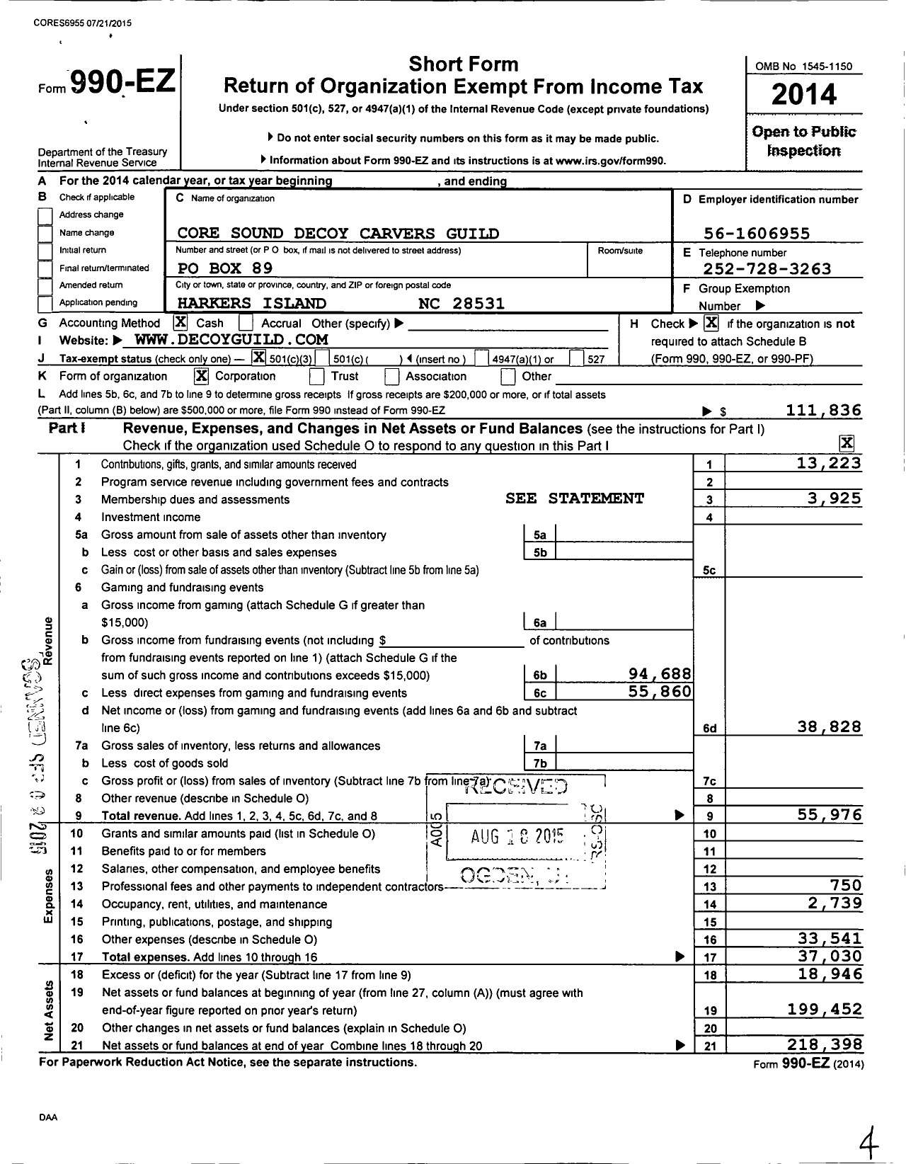 Image of first page of 2014 Form 990EZ for Core Sound Decoy Carvers Guild