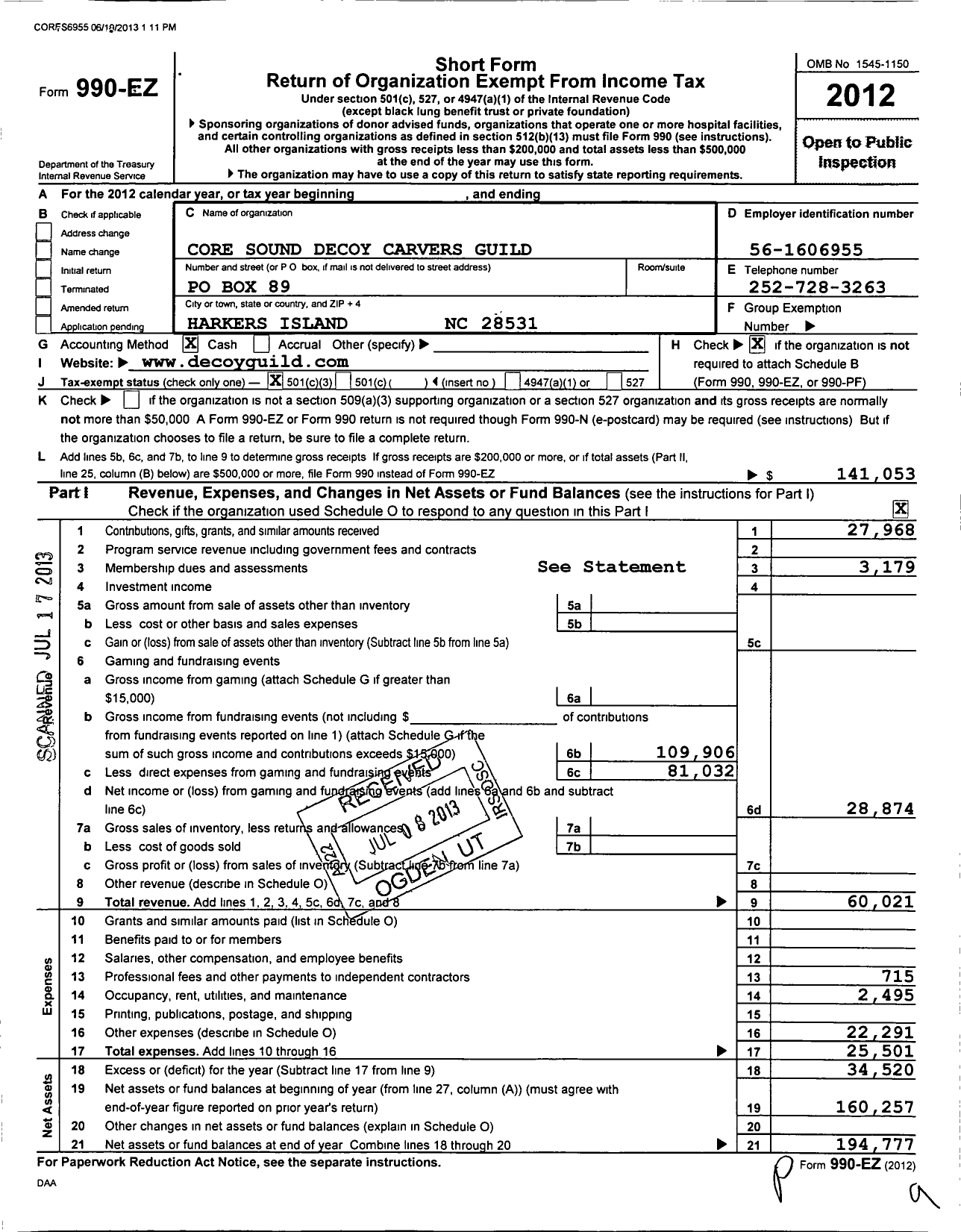 Image of first page of 2012 Form 990EZ for Core Sound Decoy Carvers Guild