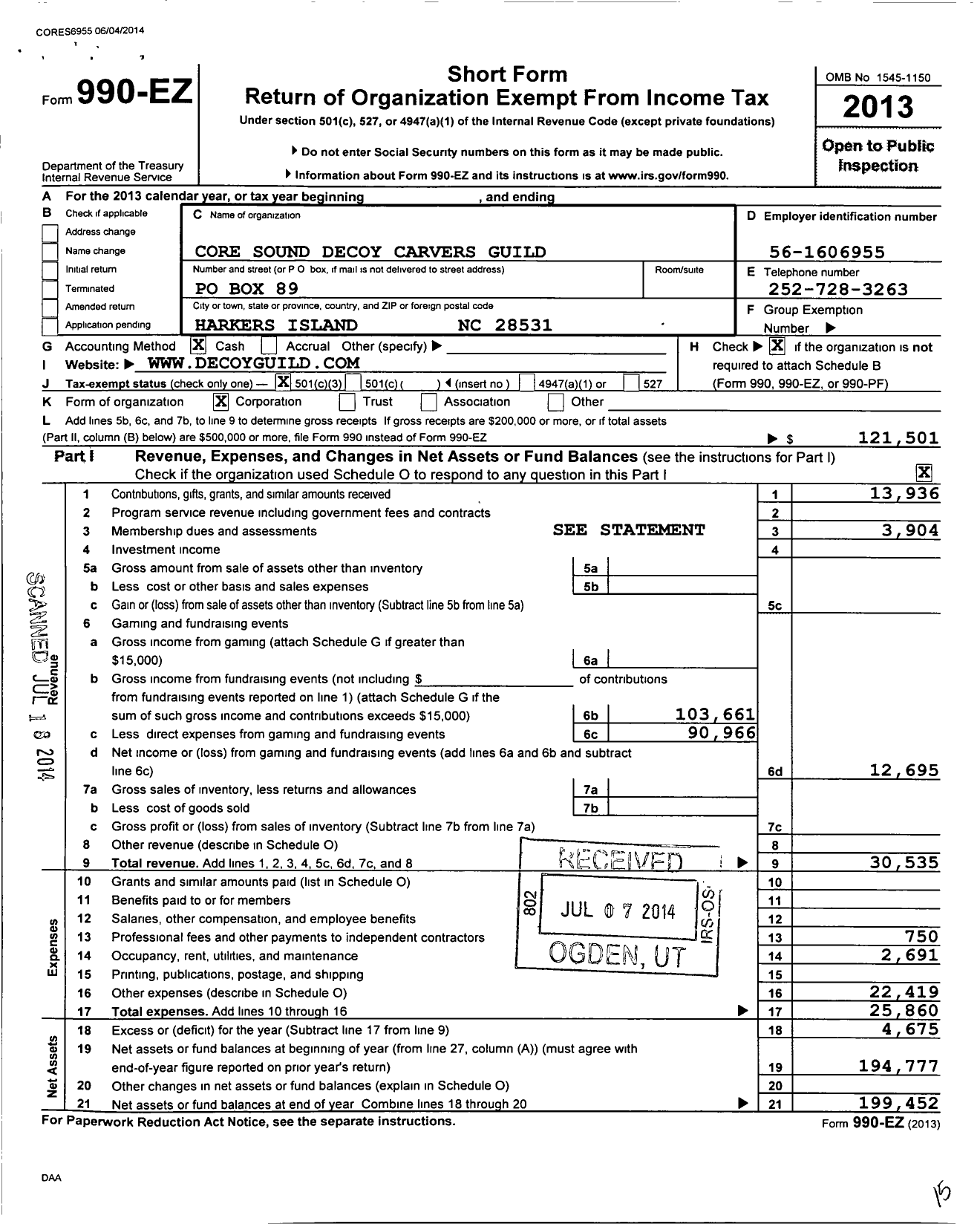 Image of first page of 2013 Form 990EZ for Core Sound Decoy Carvers Guild