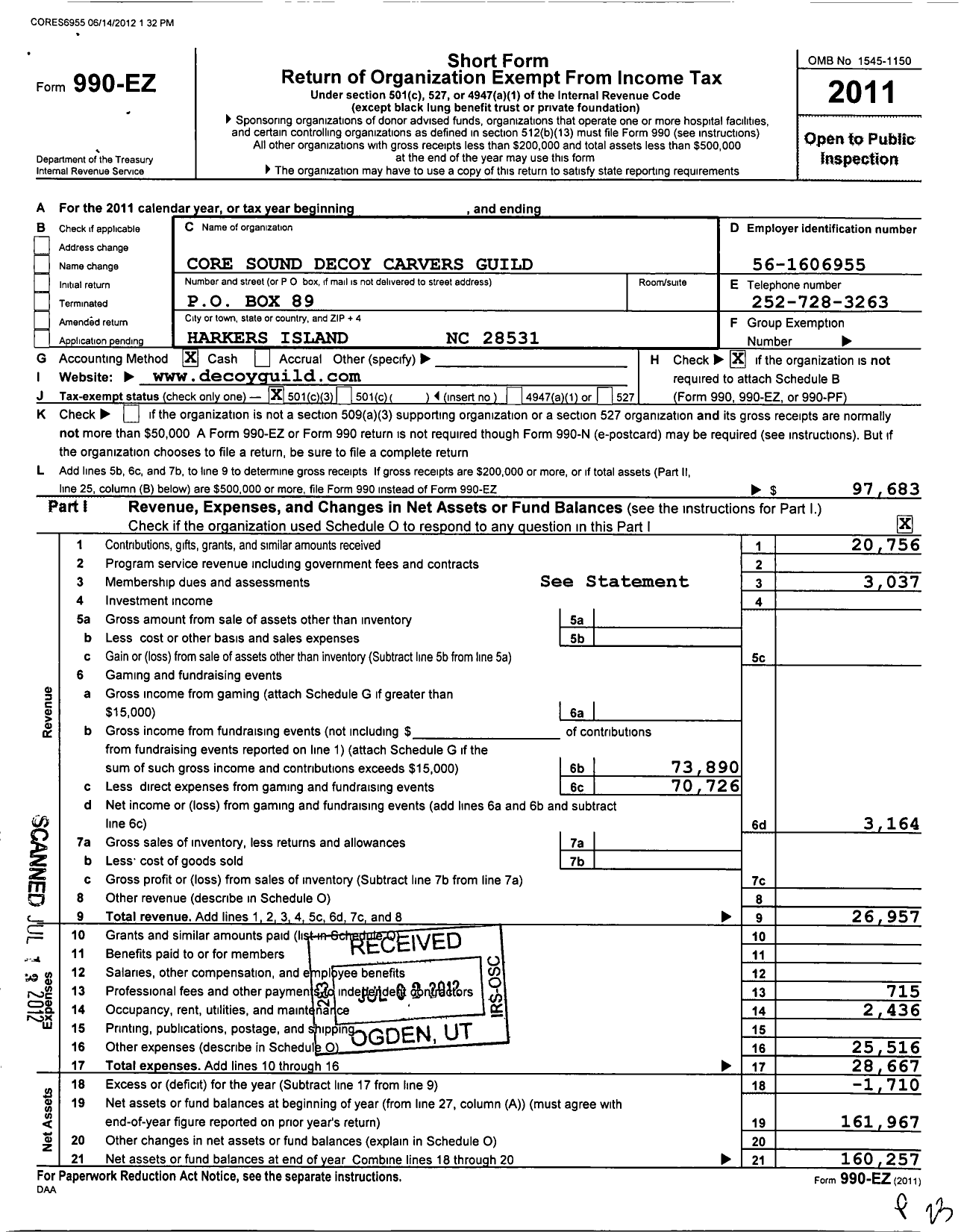 Image of first page of 2011 Form 990EZ for Core Sound Decoy Carvers Guild