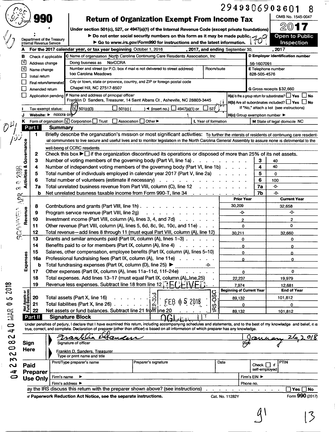 Image of first page of 2016 Form 990O for North Carolina Continuing Care Residents Association