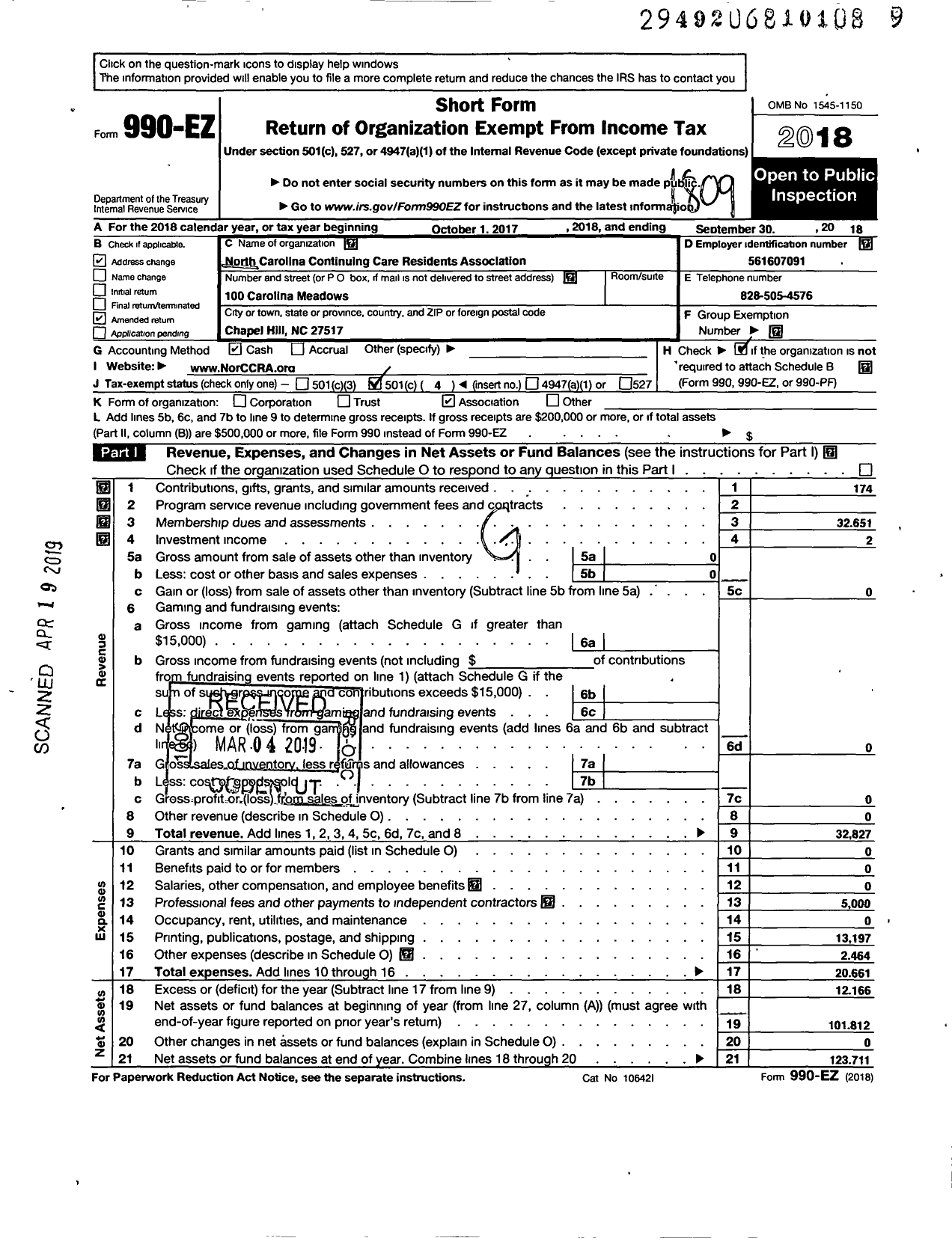 Image of first page of 2017 Form 990EO for North Carolina Continuing Care Residents Association