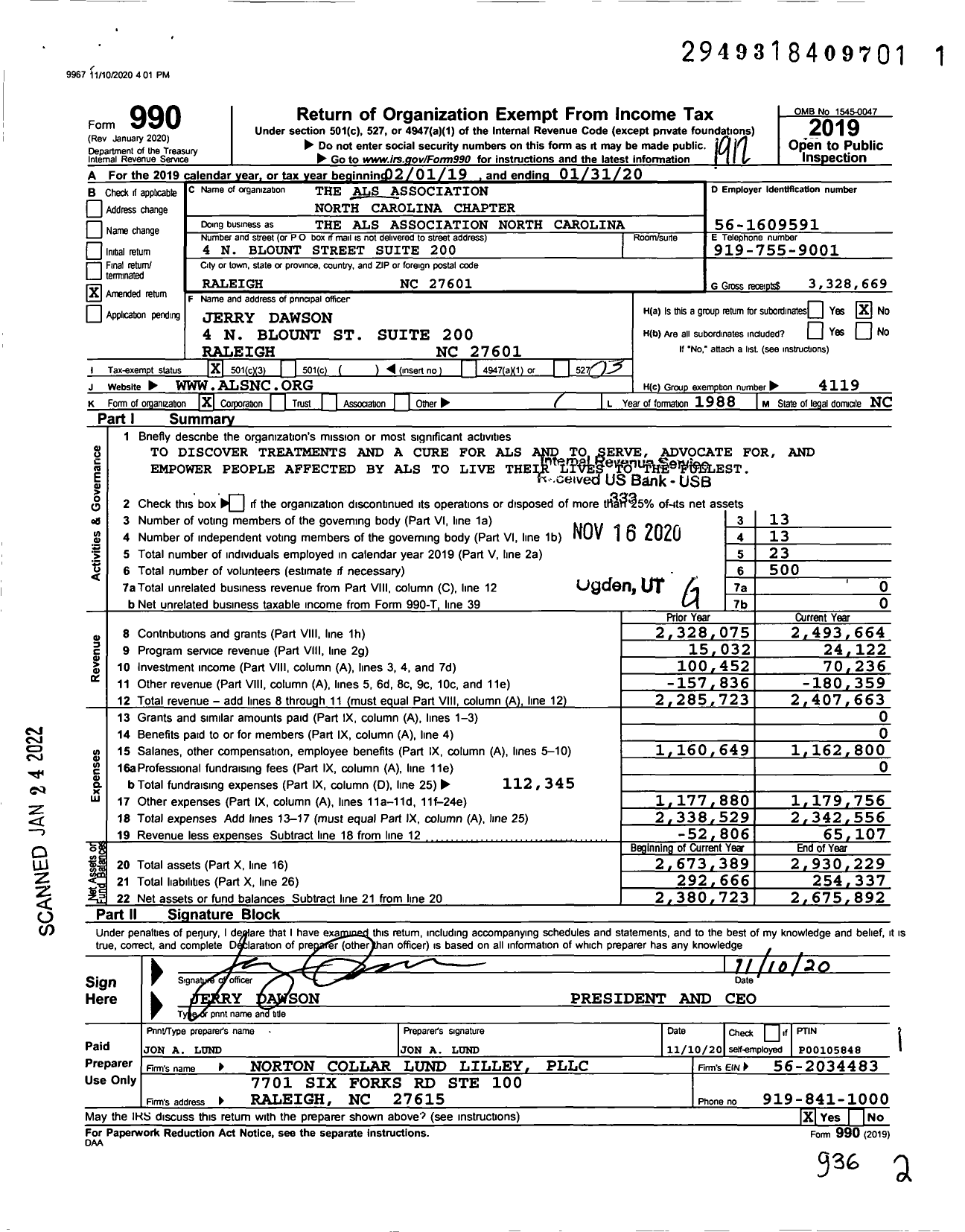 Image of first page of 2019 Form 990 for The Als Association - Als Association North Carolina Chapter