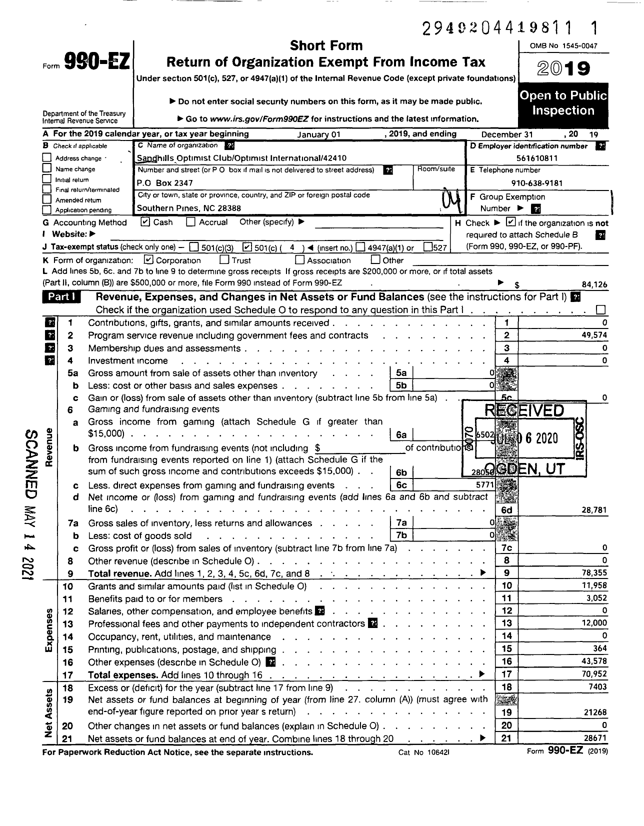 Image of first page of 2019 Form 990EO for Optimist INTERNATIONAL - 42410 Oc of the Sandhills NC