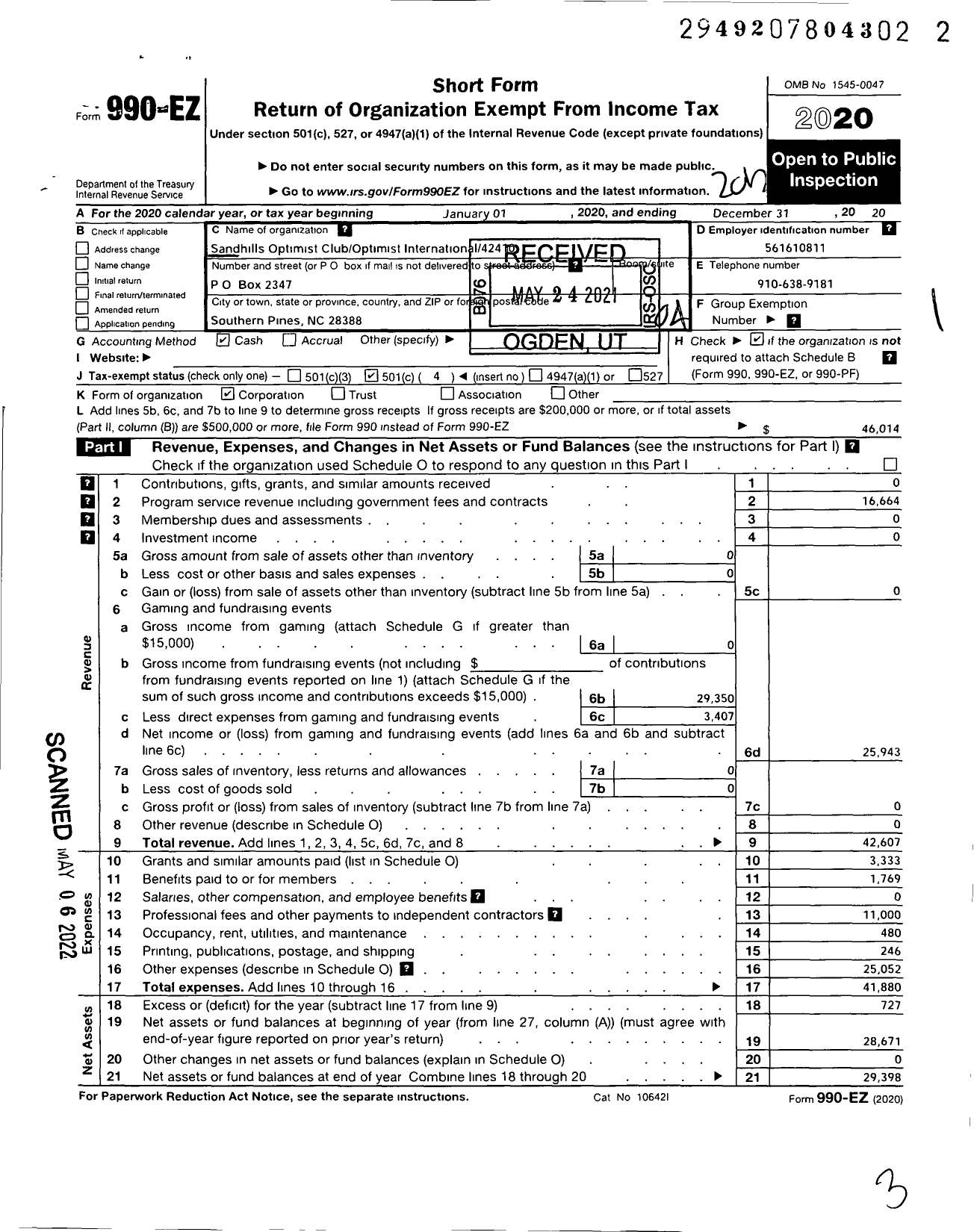 Image of first page of 2020 Form 990EO for Optimist INTERNATIONAL - 42410 Oc of the Sandhills NC