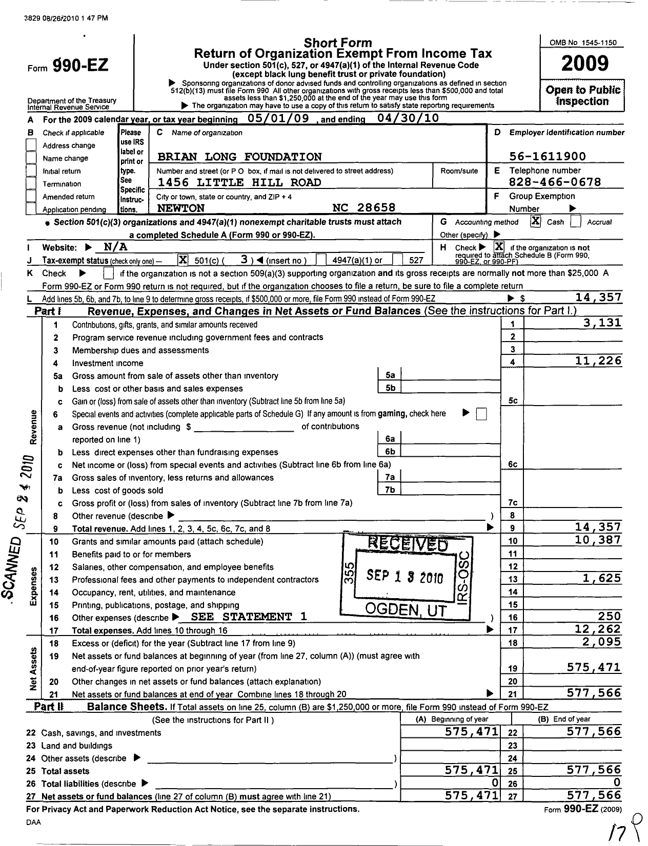 Image of first page of 2009 Form 990EZ for Brian Long Foundation