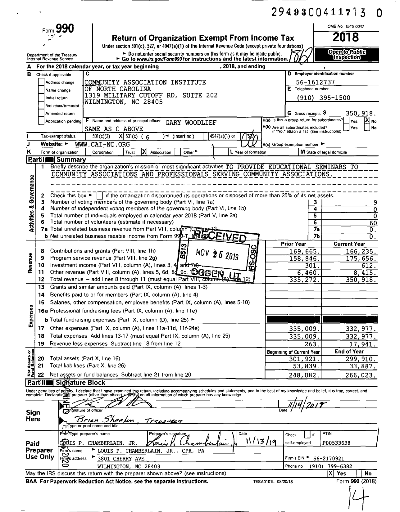 Image of first page of 2018 Form 990O for Community Associations Institute - North Carolina