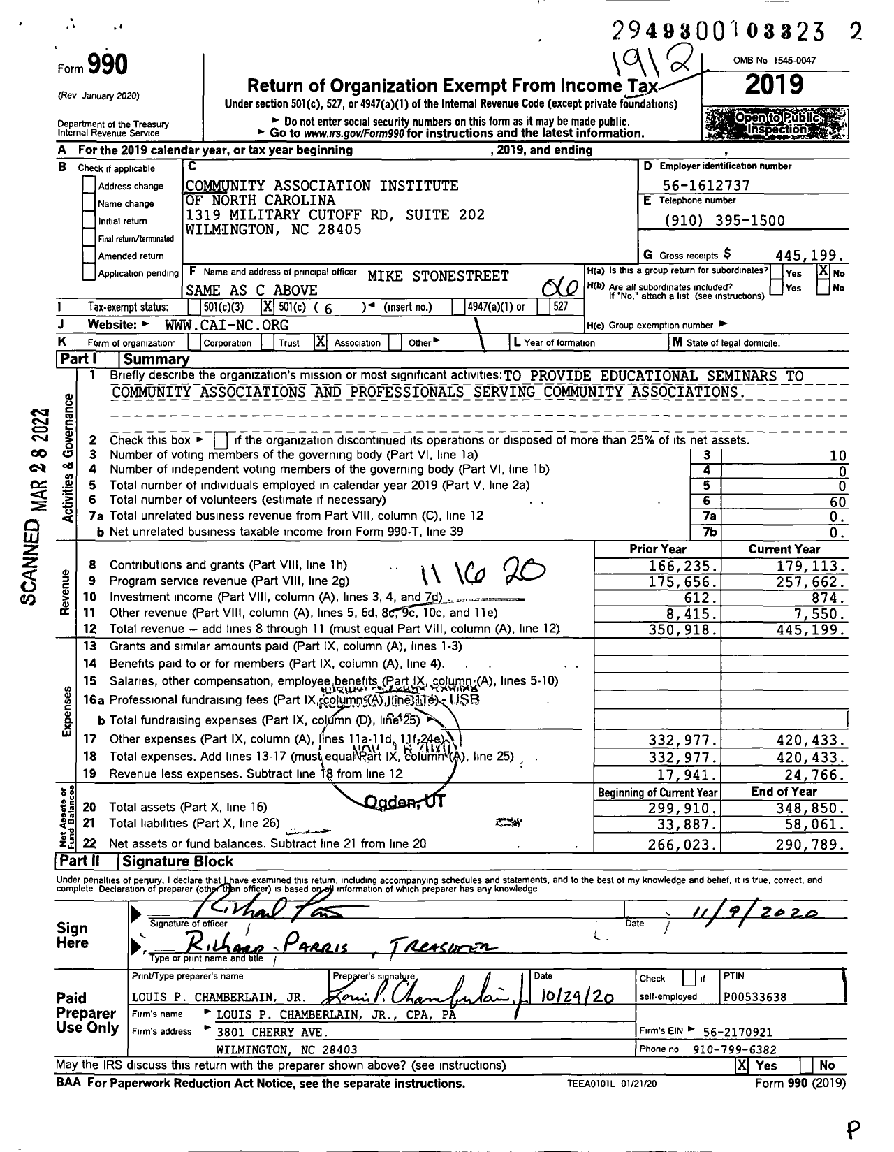 Image of first page of 2019 Form 990O for Community Associations Institute - North Carolina