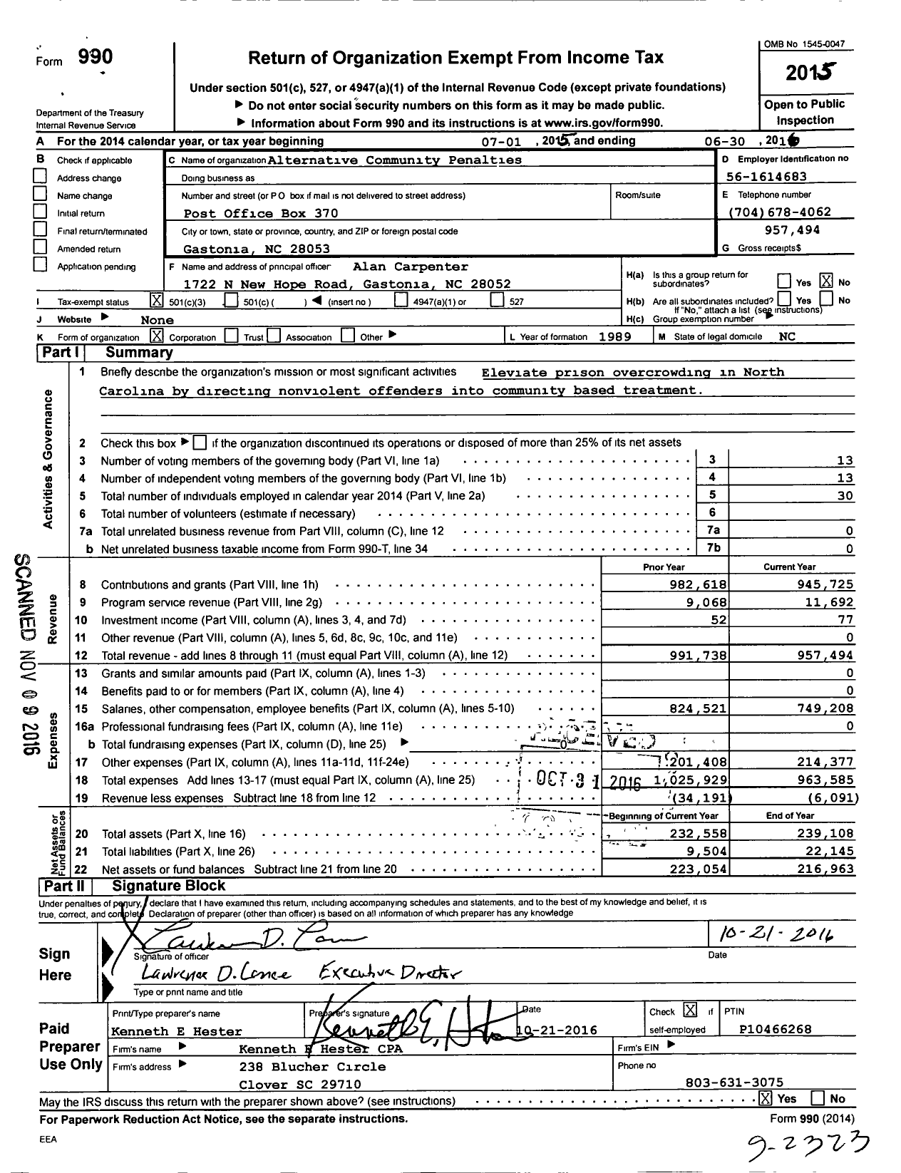 Image of first page of 2015 Form 990 for Alternative Community Penalties Program