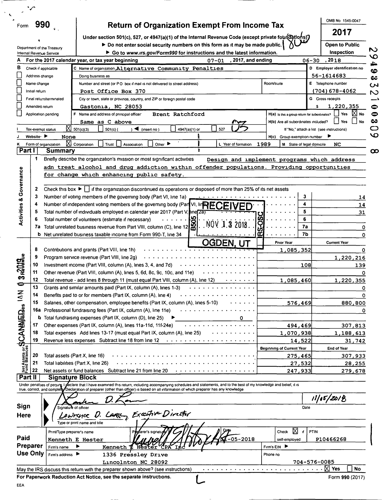 Image of first page of 2017 Form 990 for Alternative Community Penalties Program
