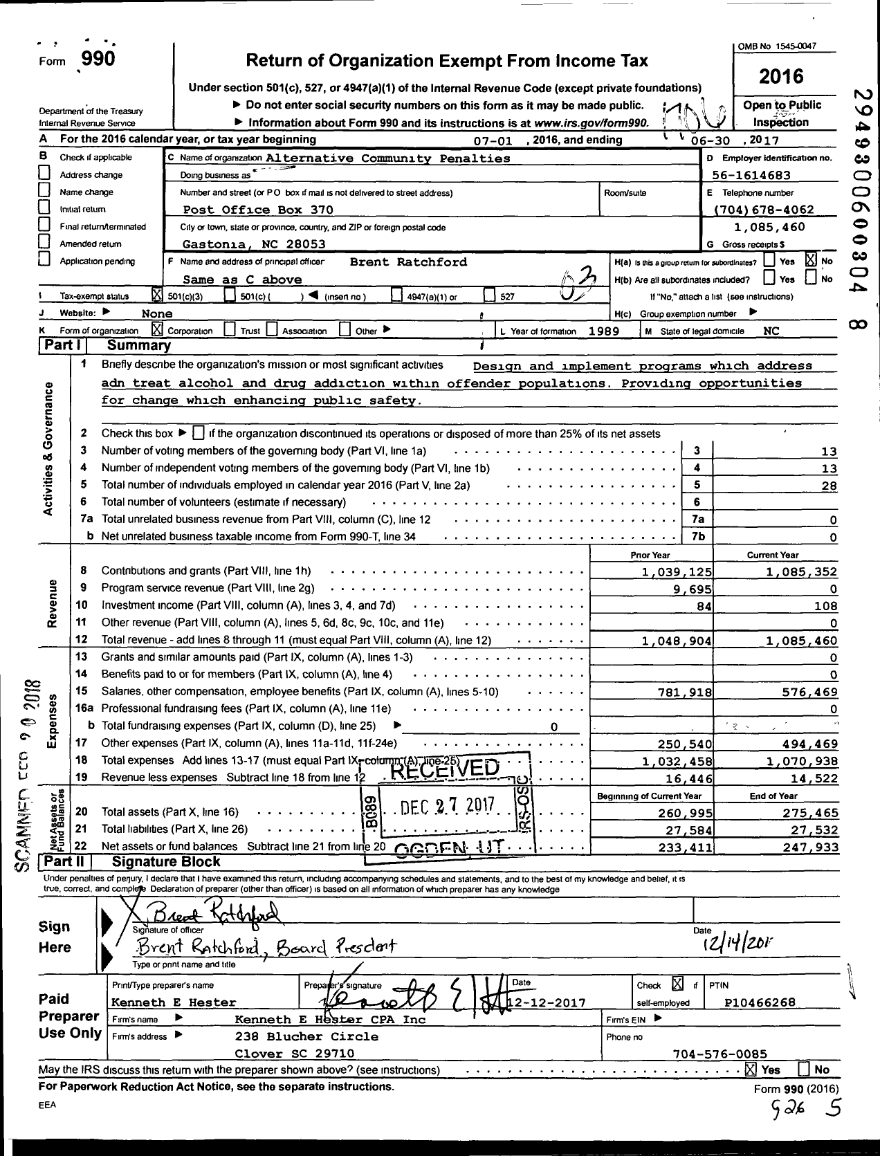 Image of first page of 2016 Form 990 for Alternative Community Penalties Program