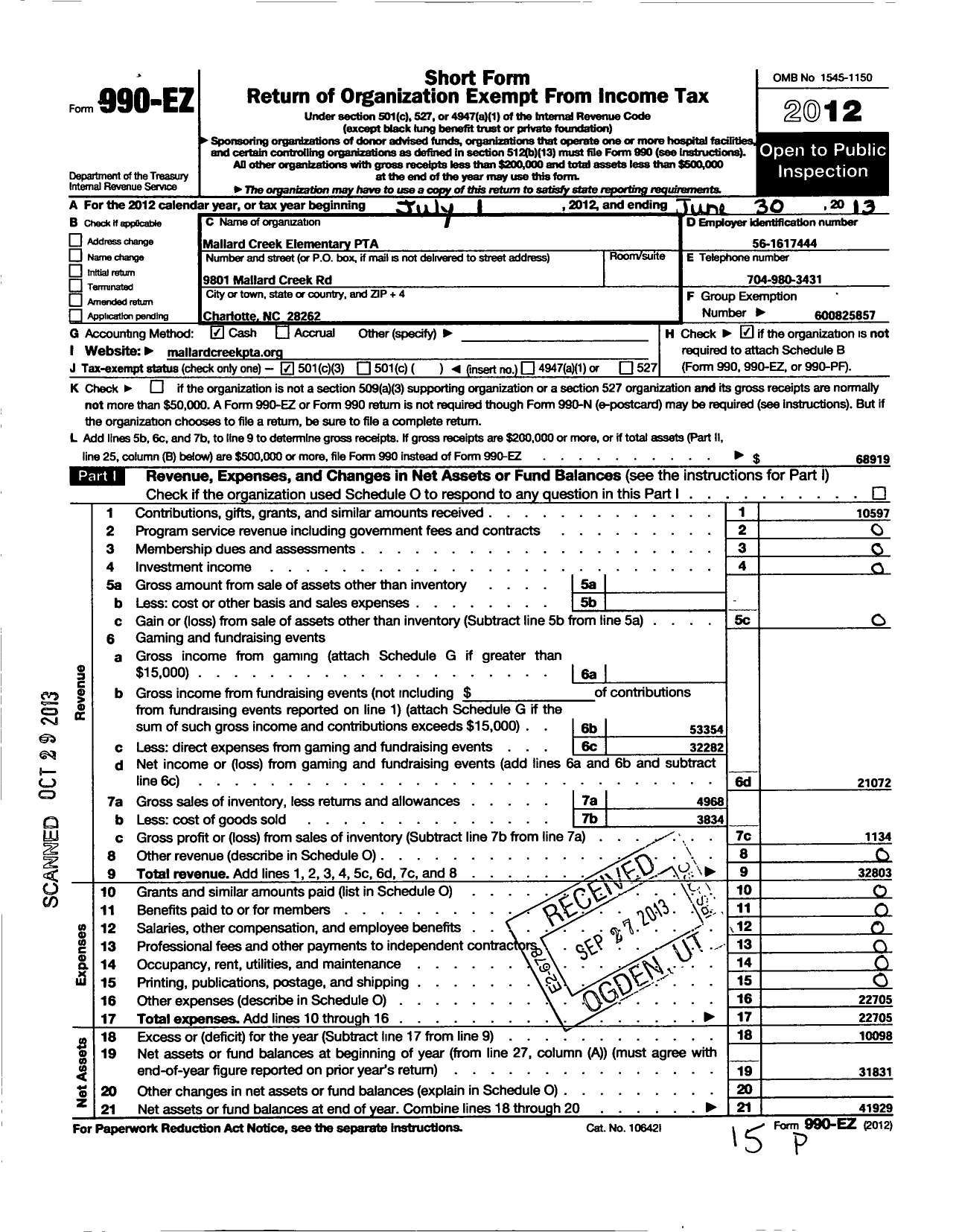 Image of first page of 2012 Form 990EZ for North Carolina PTA - Mallard Creek Elementary School PTA