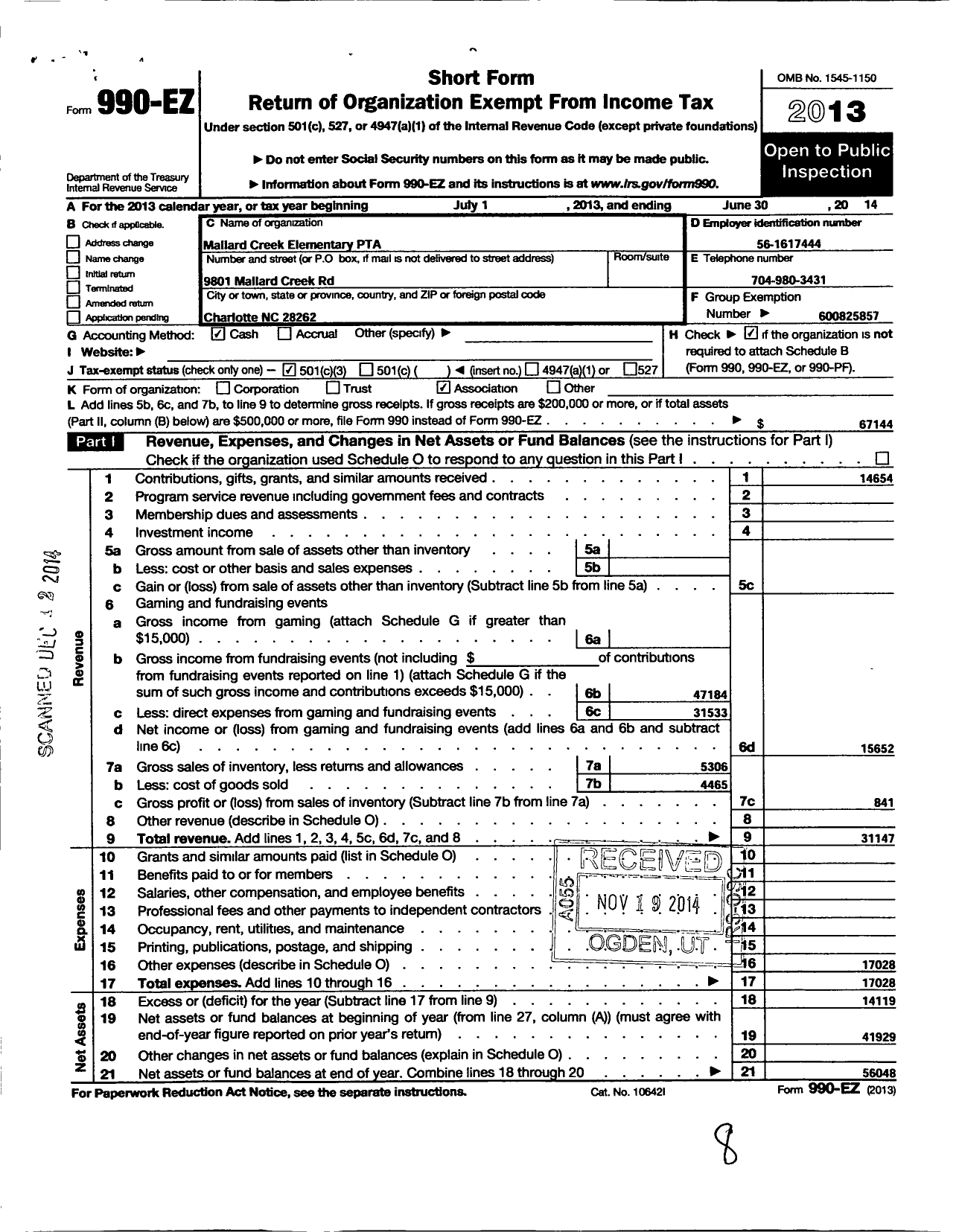 Image of first page of 2013 Form 990EZ for North Carolina PTA - Mallard Creek Elementary School PTA