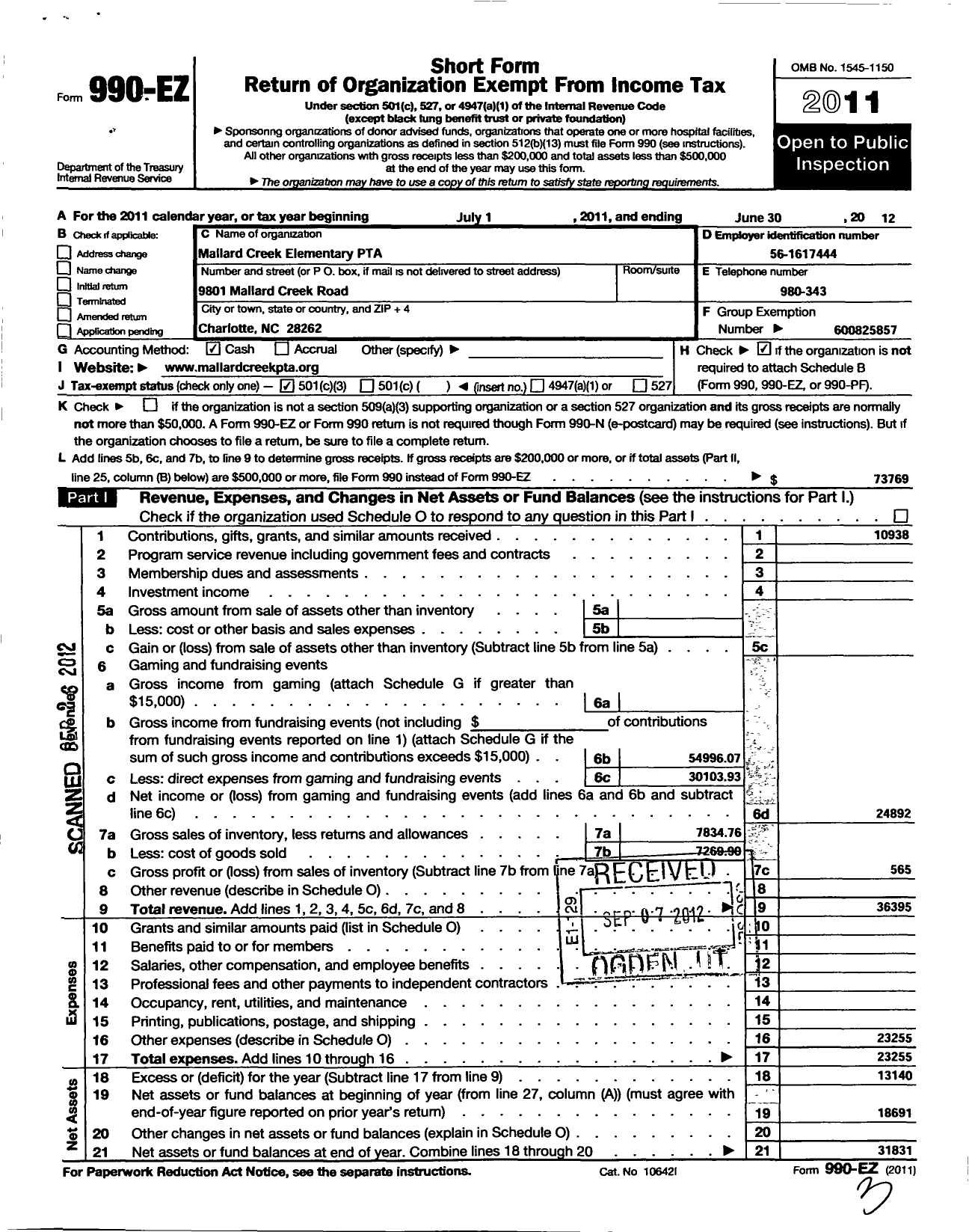 Image of first page of 2011 Form 990EZ for North Carolina PTA - Mallard Creek Elementary School PTA