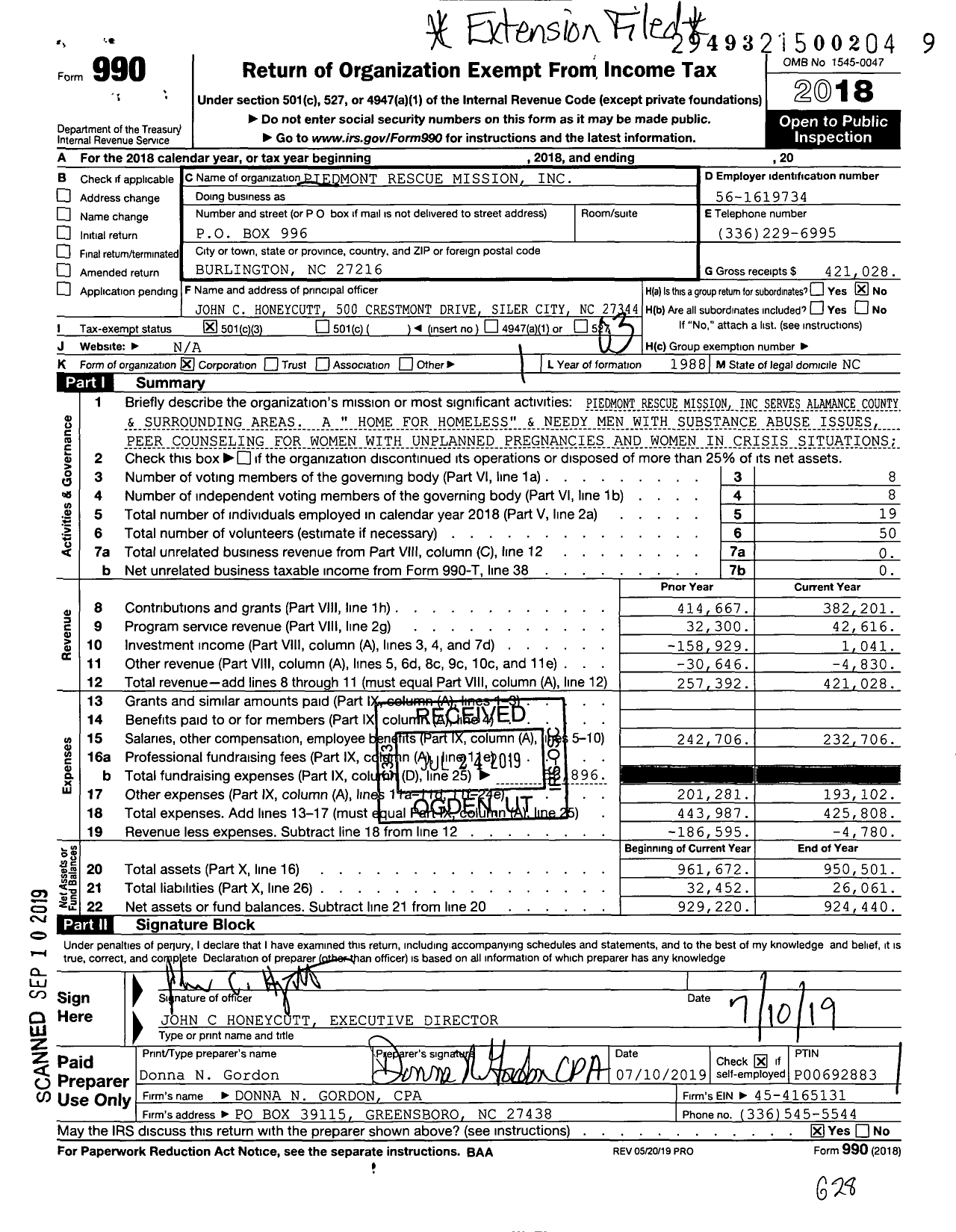 Image of first page of 2018 Form 990 for Piedmont Rescue Mission