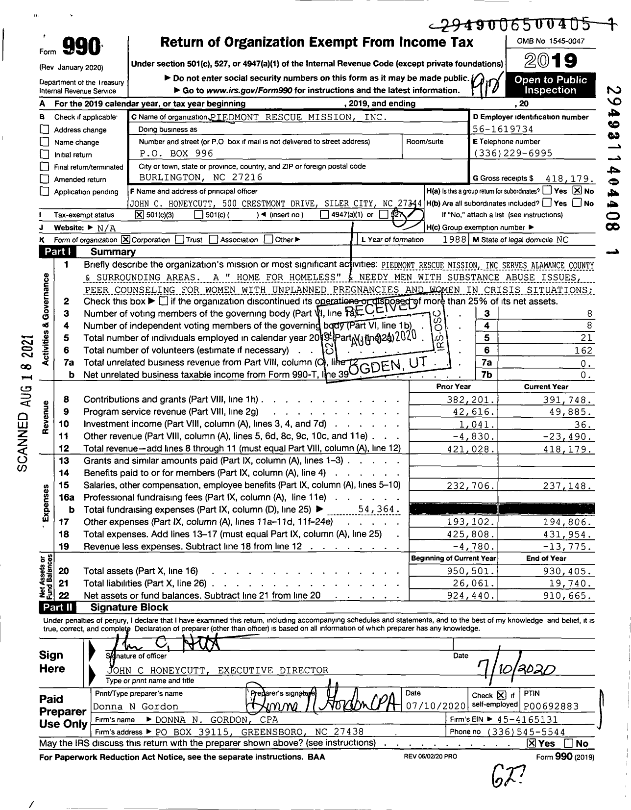 Image of first page of 2019 Form 990 for Piedmont Rescue Mission