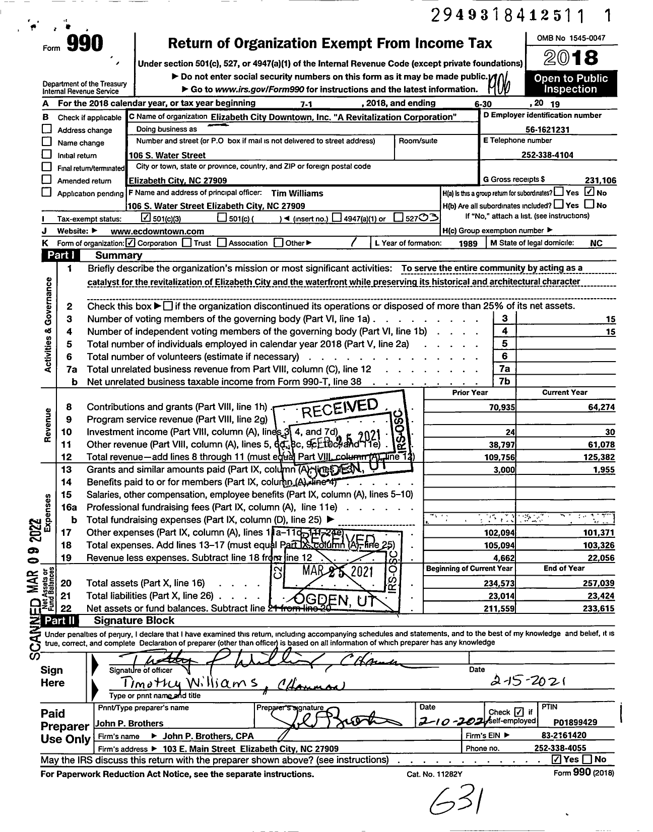 Image of first page of 2018 Form 990 for Elizabeth City Downtown Inc A Revitalization Corporation