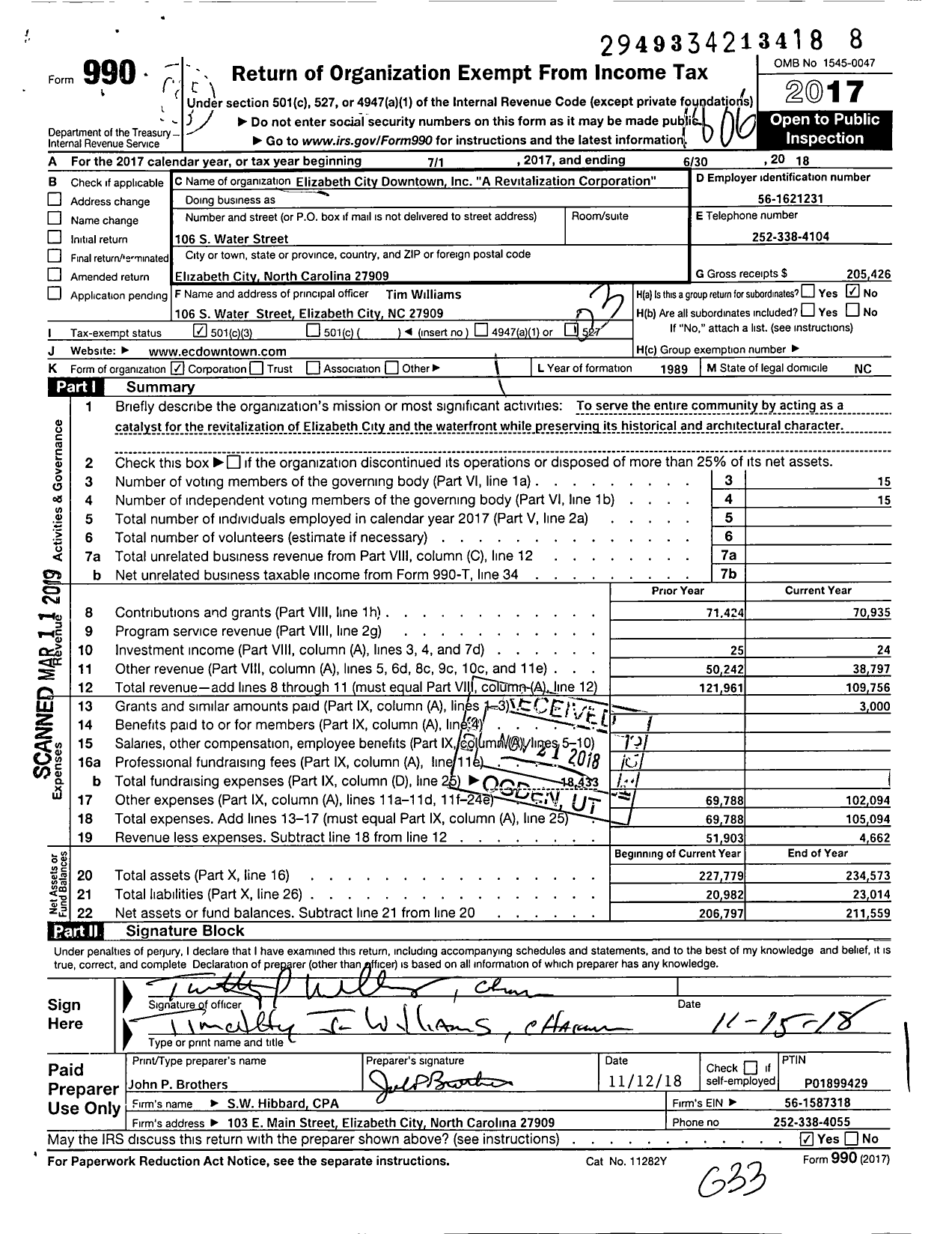 Image of first page of 2017 Form 990 for Elizabeth City Downtown Inc A Revitalization Corporation