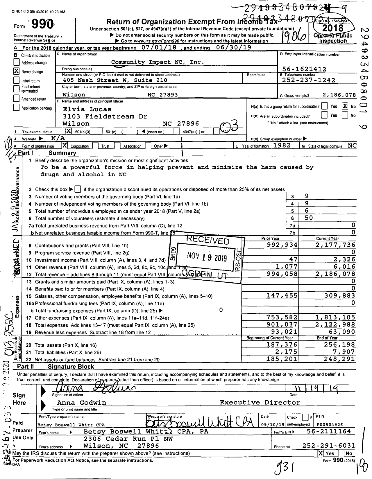 Image of first page of 2018 Form 990 for Community Impact NC
