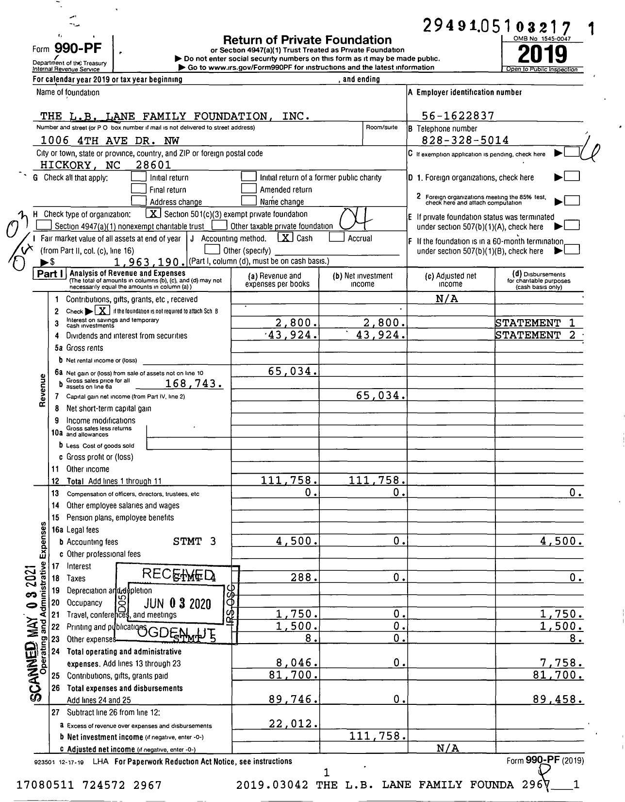 Image of first page of 2019 Form 990PF for The LB Lane Family Foundation