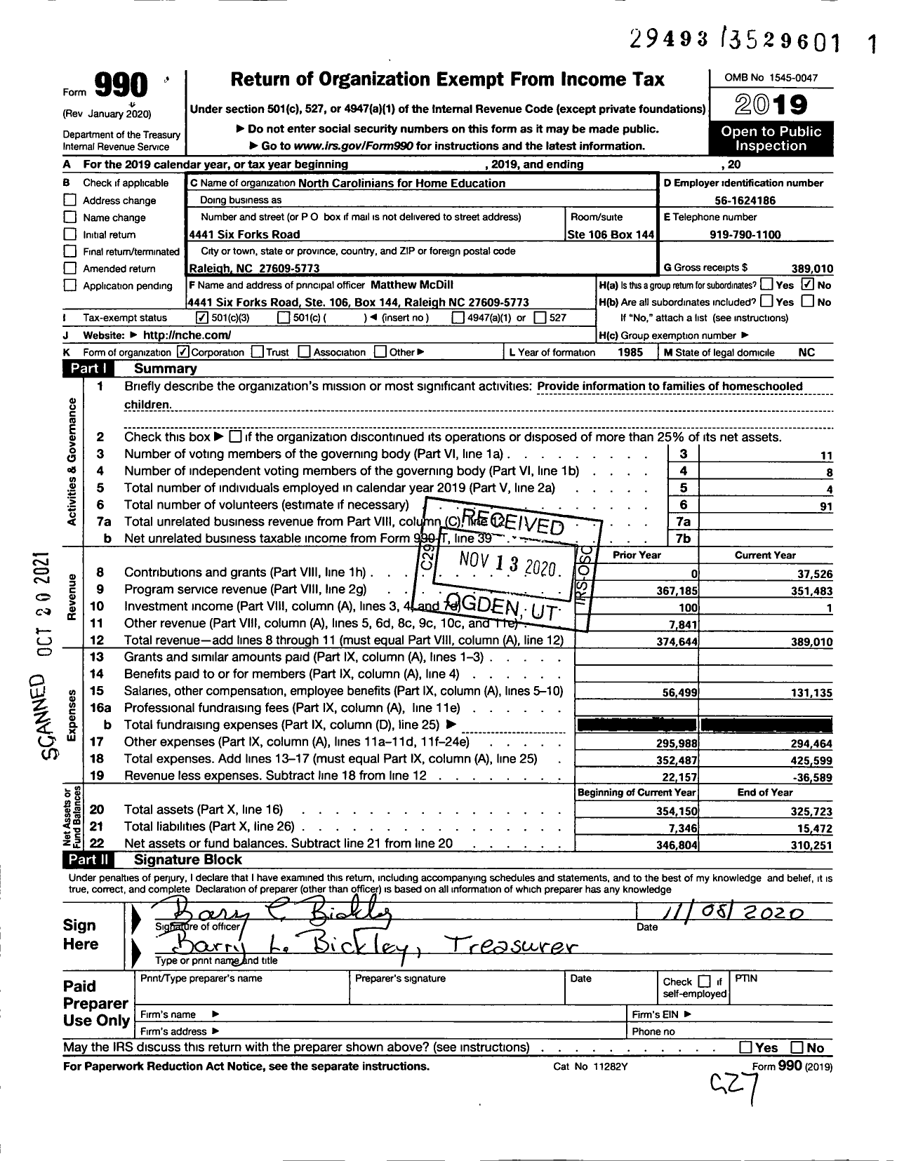 Image of first page of 2019 Form 990 for North Carolinians for Home Education