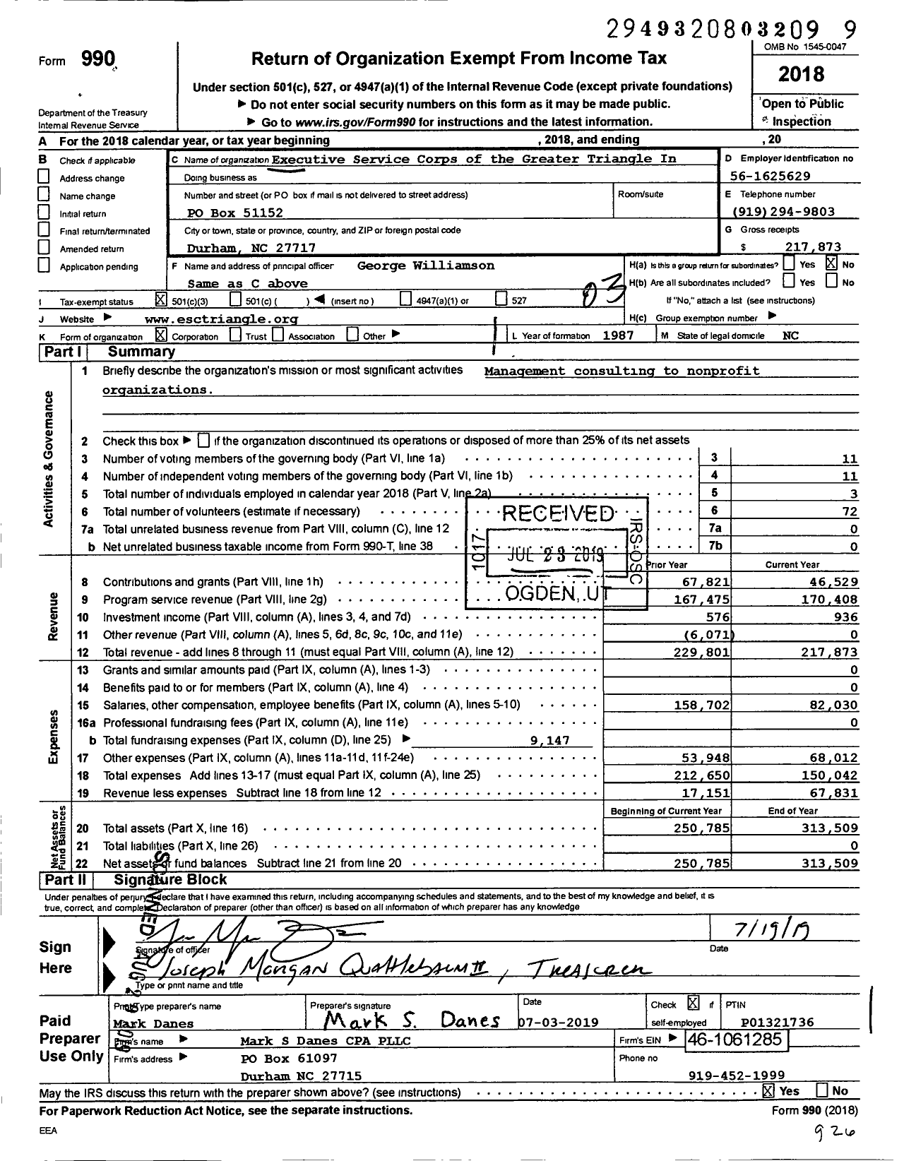 Image of first page of 2018 Form 990 for Executive Service Corps of the Greater Triangle