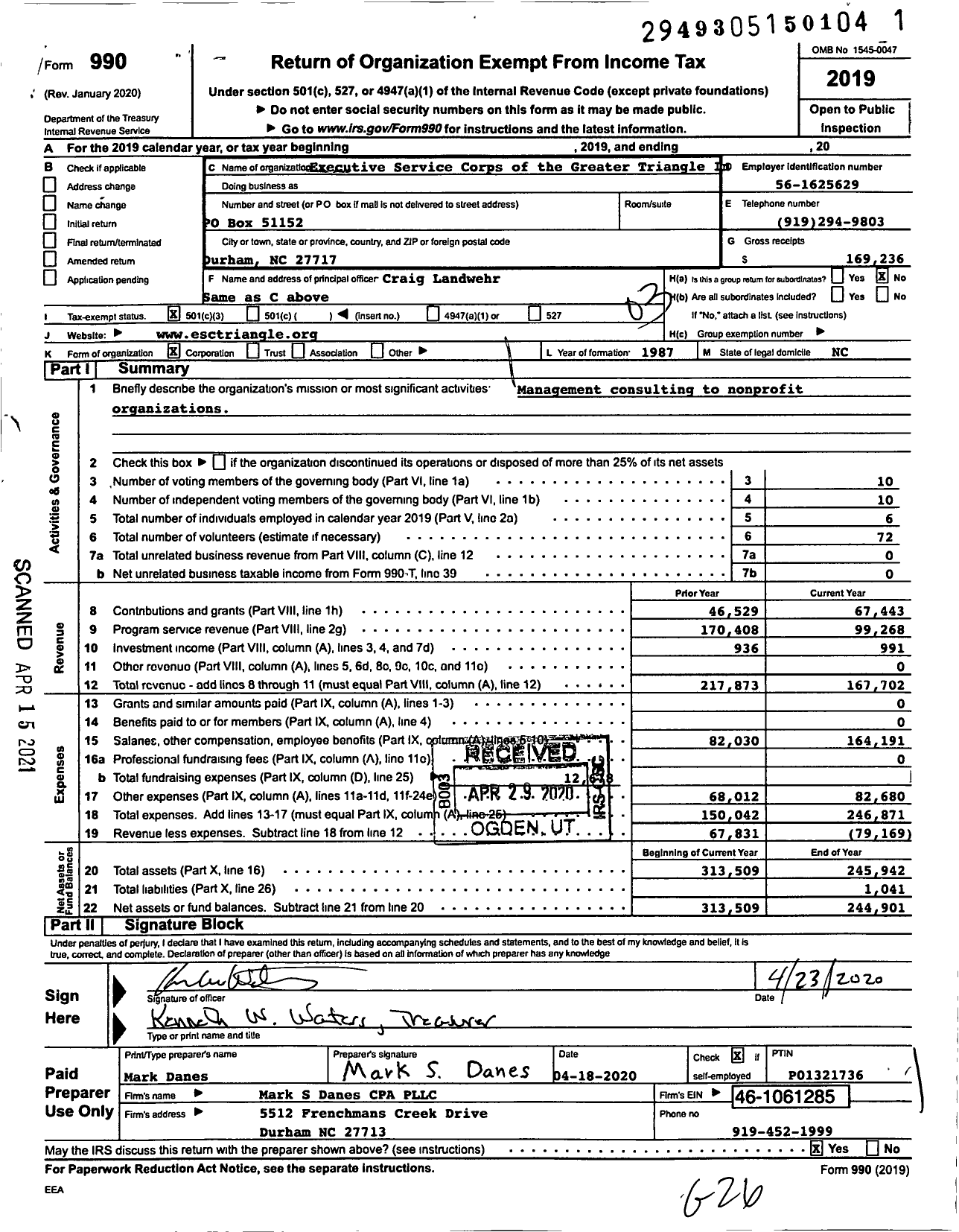 Image of first page of 2019 Form 990 for Executive Service Corps of the Greater Triangle