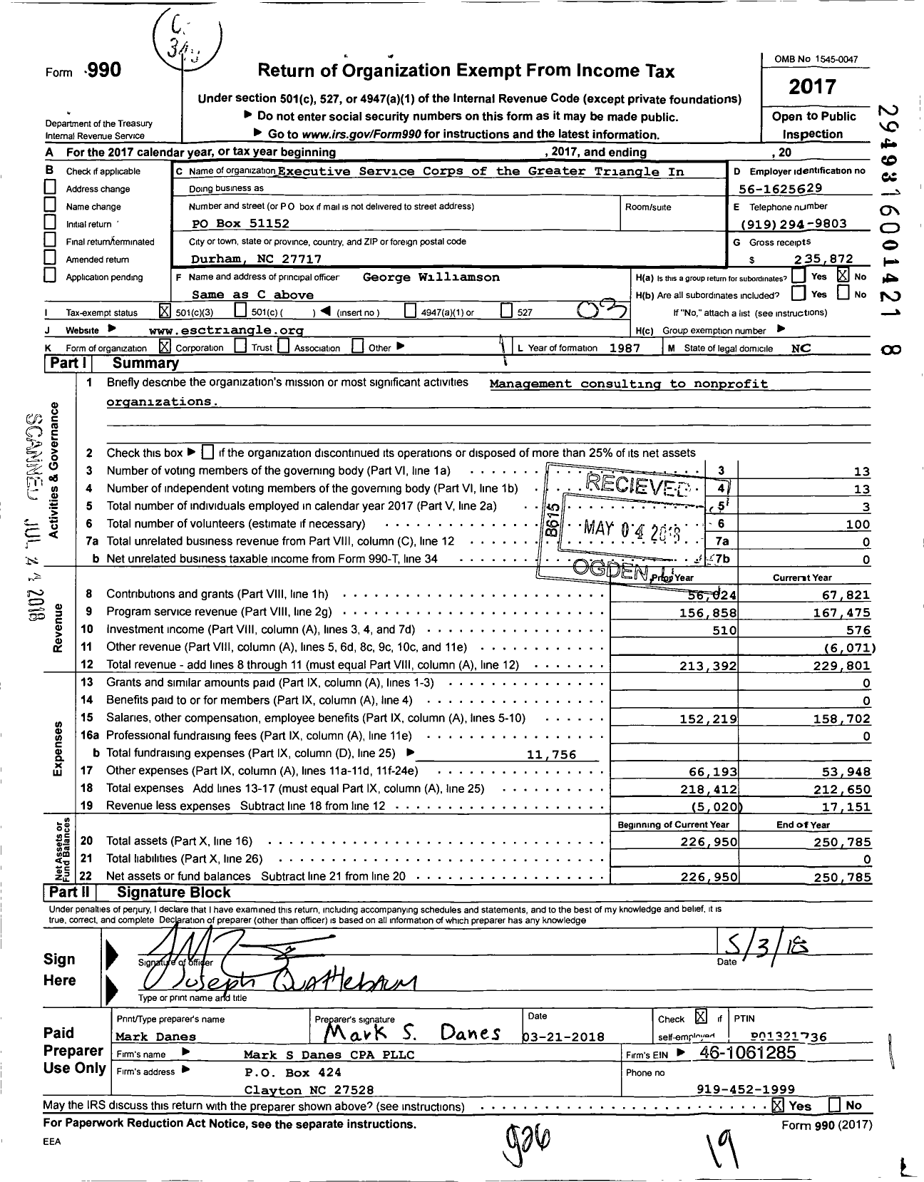 Image of first page of 2017 Form 990 for Executive Service Corps of the Greater Triangle