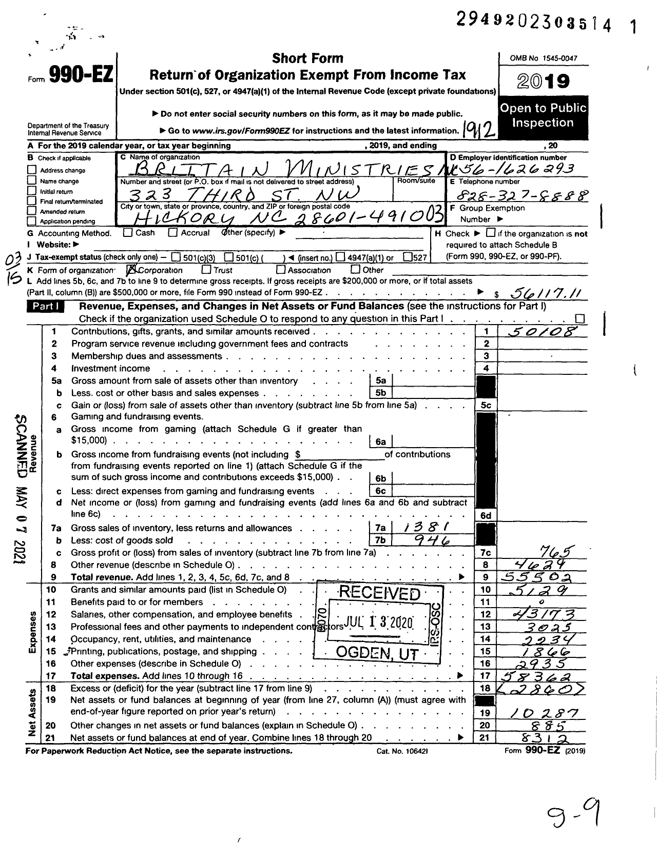 Image of first page of 2019 Form 990EZ for Brittain Ministries