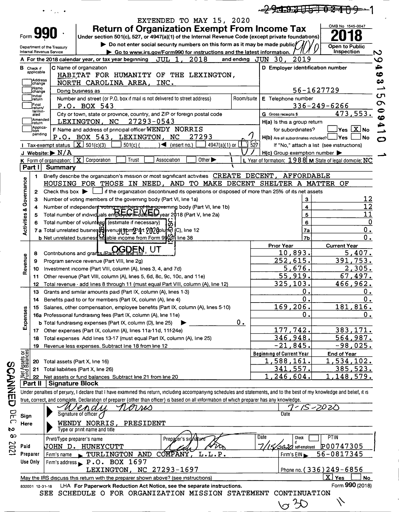 Image of first page of 2018 Form 990 for Habitat for Humanity - Lexington Area