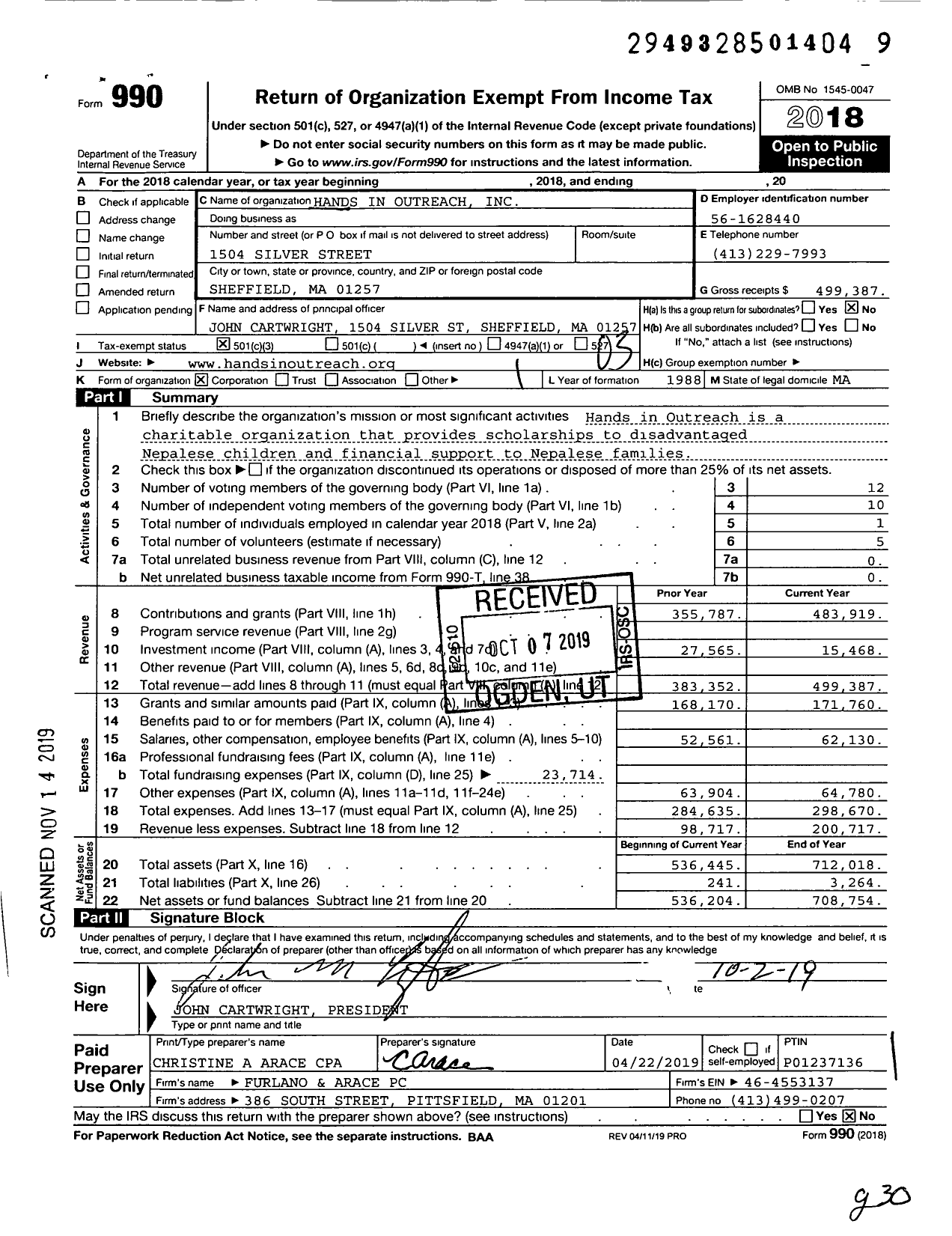 Image of first page of 2018 Form 990 for Hands In Outreach