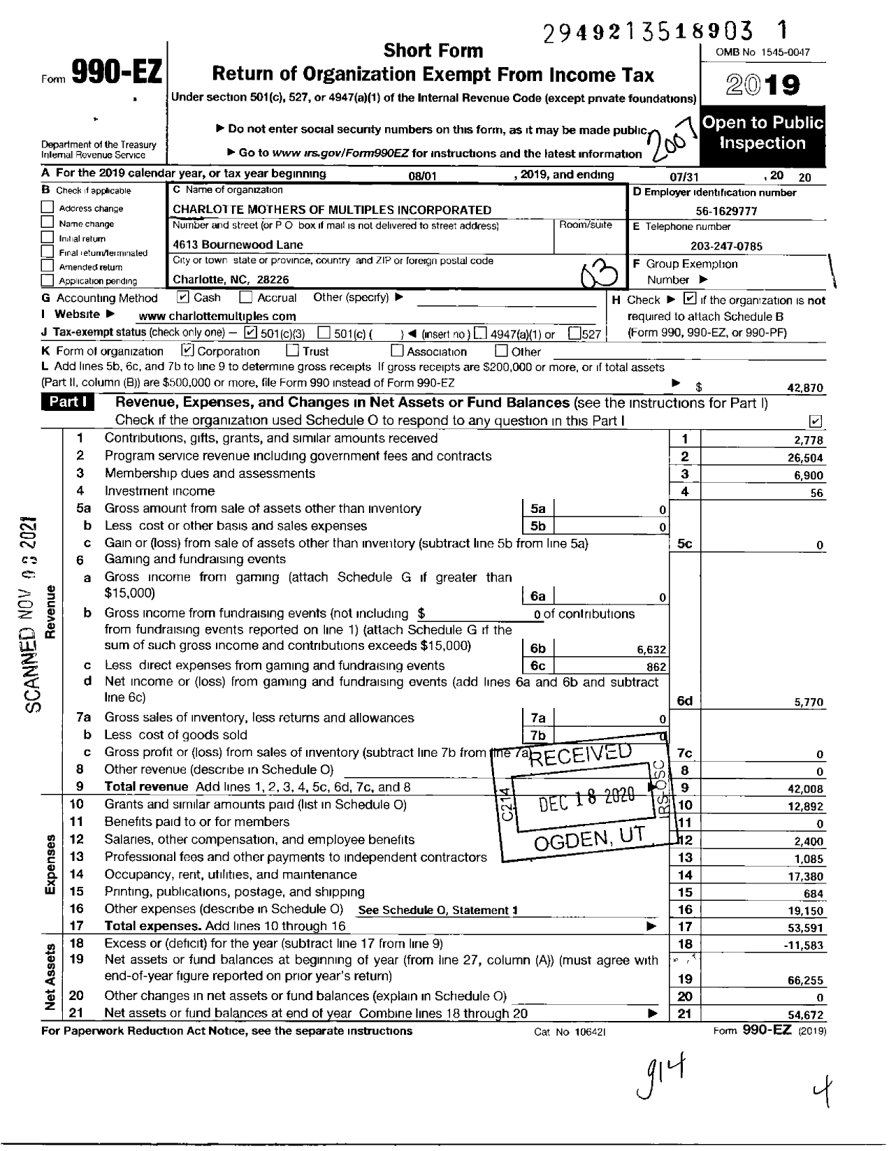 Image of first page of 2019 Form 990EZ for Charlotte Mothers of Multiples Incorporated