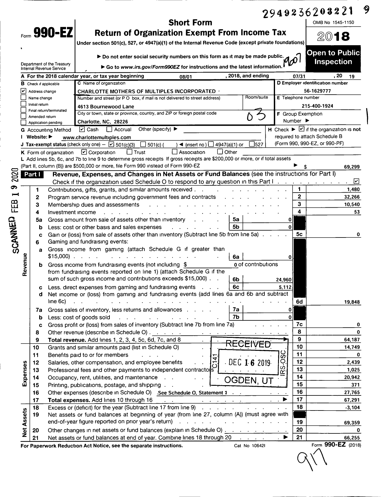 Image of first page of 2018 Form 990EZ for Charlotte Mothers of Multiples Incorporated