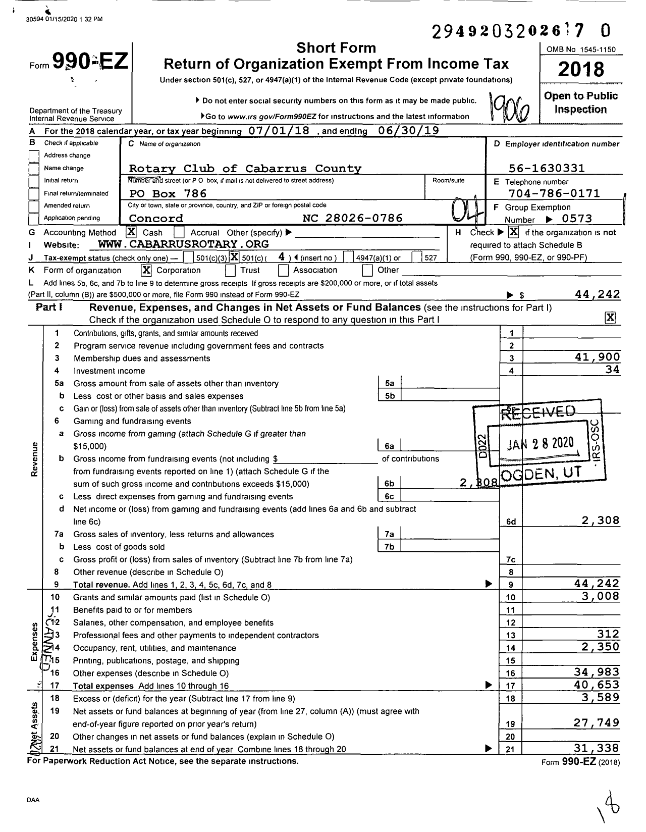 Image of first page of 2018 Form 990EO for Rotary International - Rotary Club of Cabarrus County