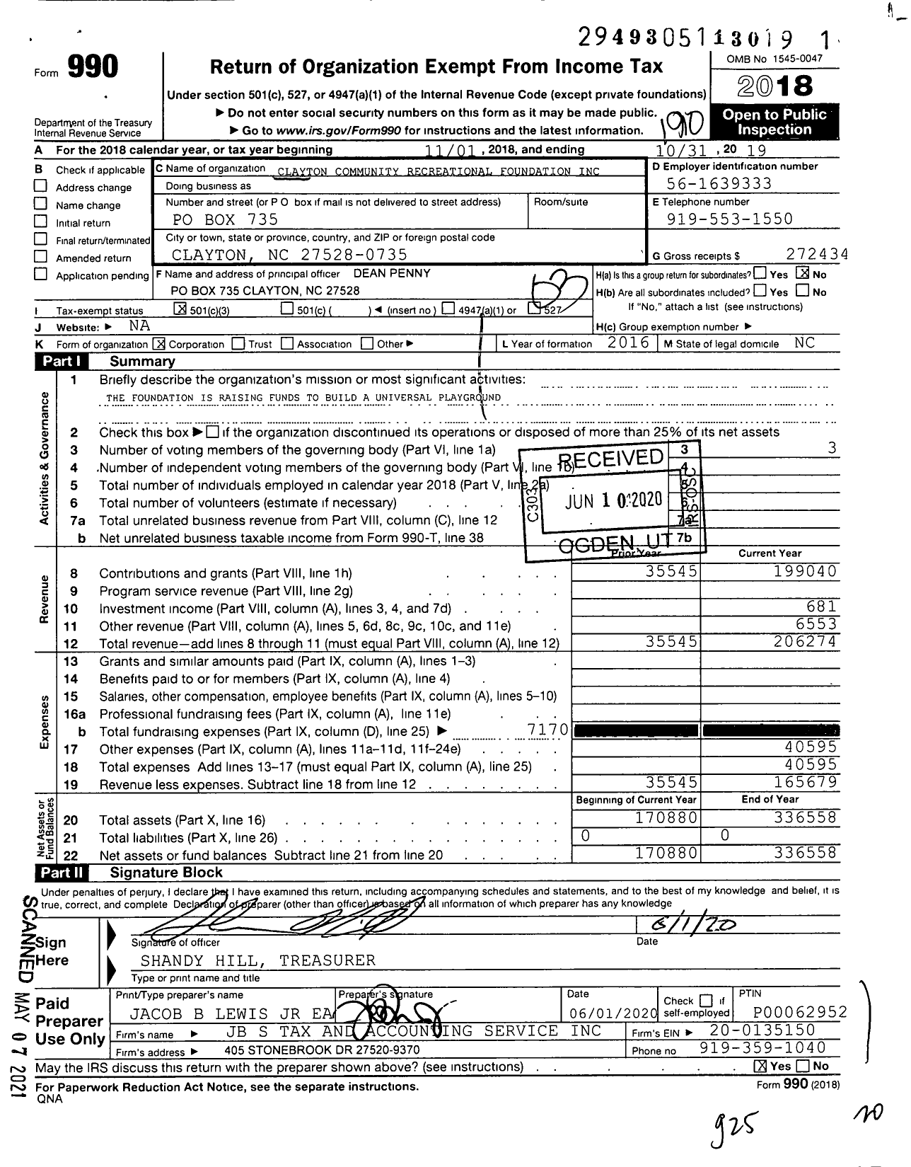 Image of first page of 2018 Form 990 for Clayton Community Recreational Foundation