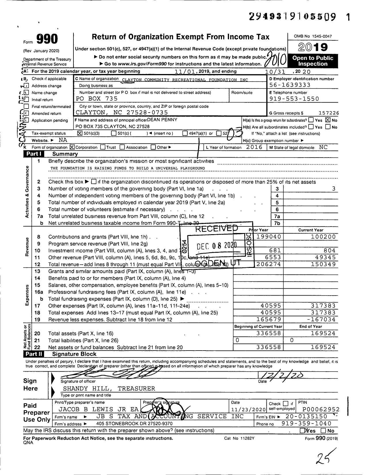 Image of first page of 2019 Form 990 for Clayton Community Recreational Foundation