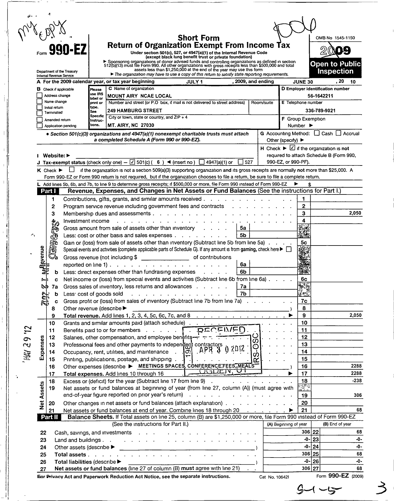 Image of first page of 2009 Form 990EO for Mount Airy Local Unit of the North Carolina Association of Educators