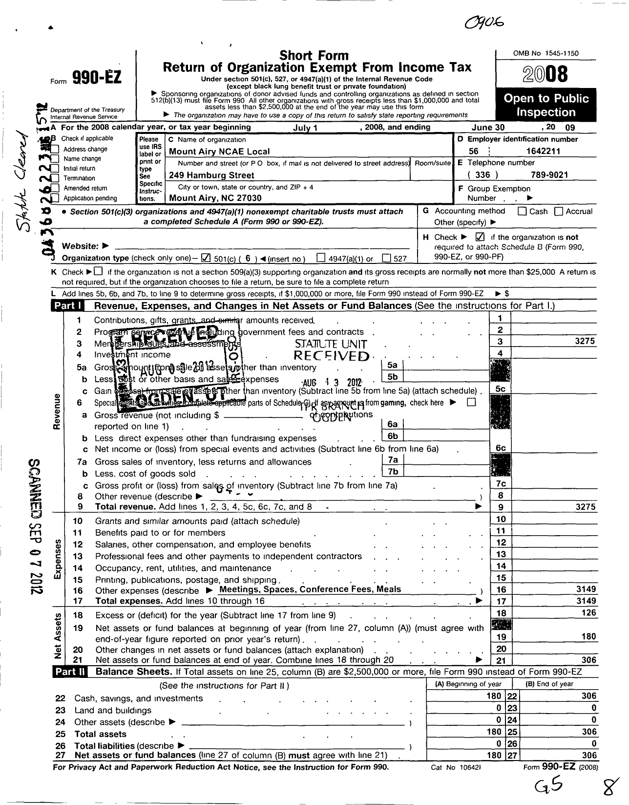 Image of first page of 2008 Form 990EO for Mount Airy Local Unit of the North Carolina Association of Educators