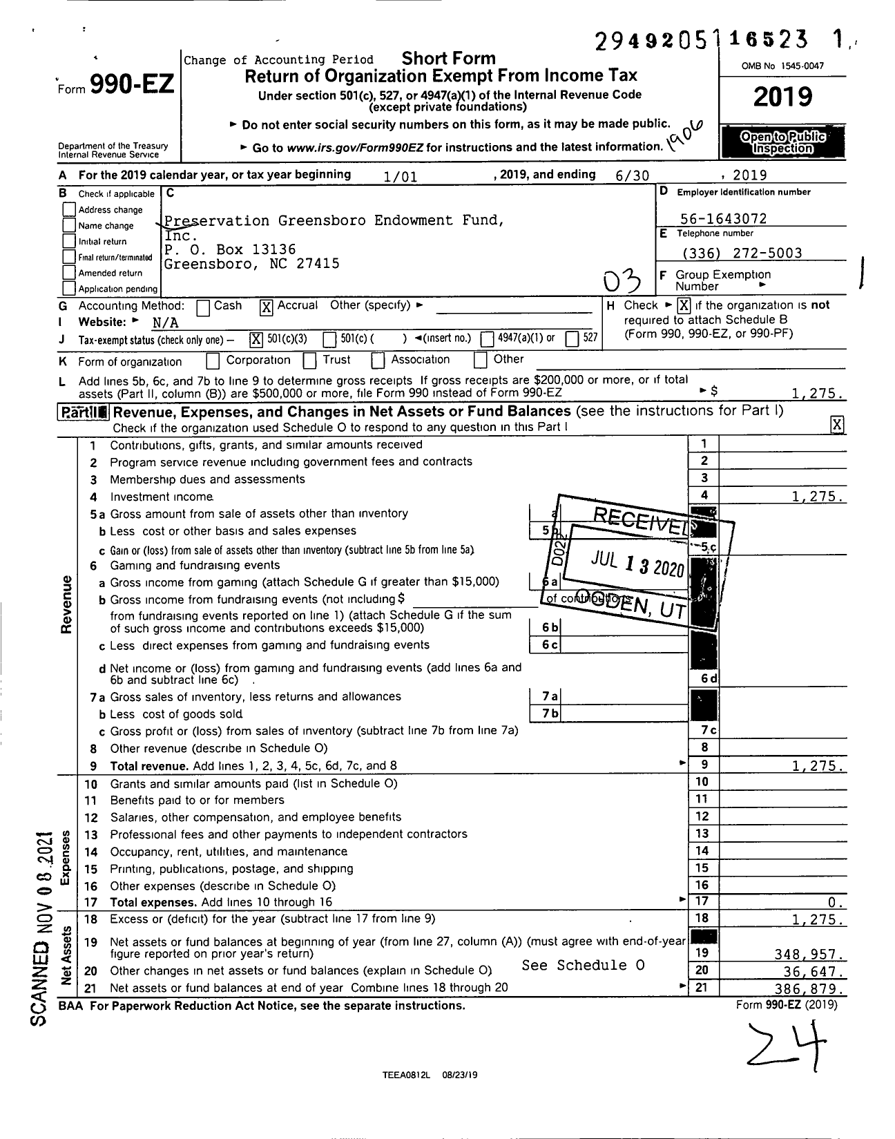 Image of first page of 2018 Form 990EZ for Preservation Greensboro Endowment Fund